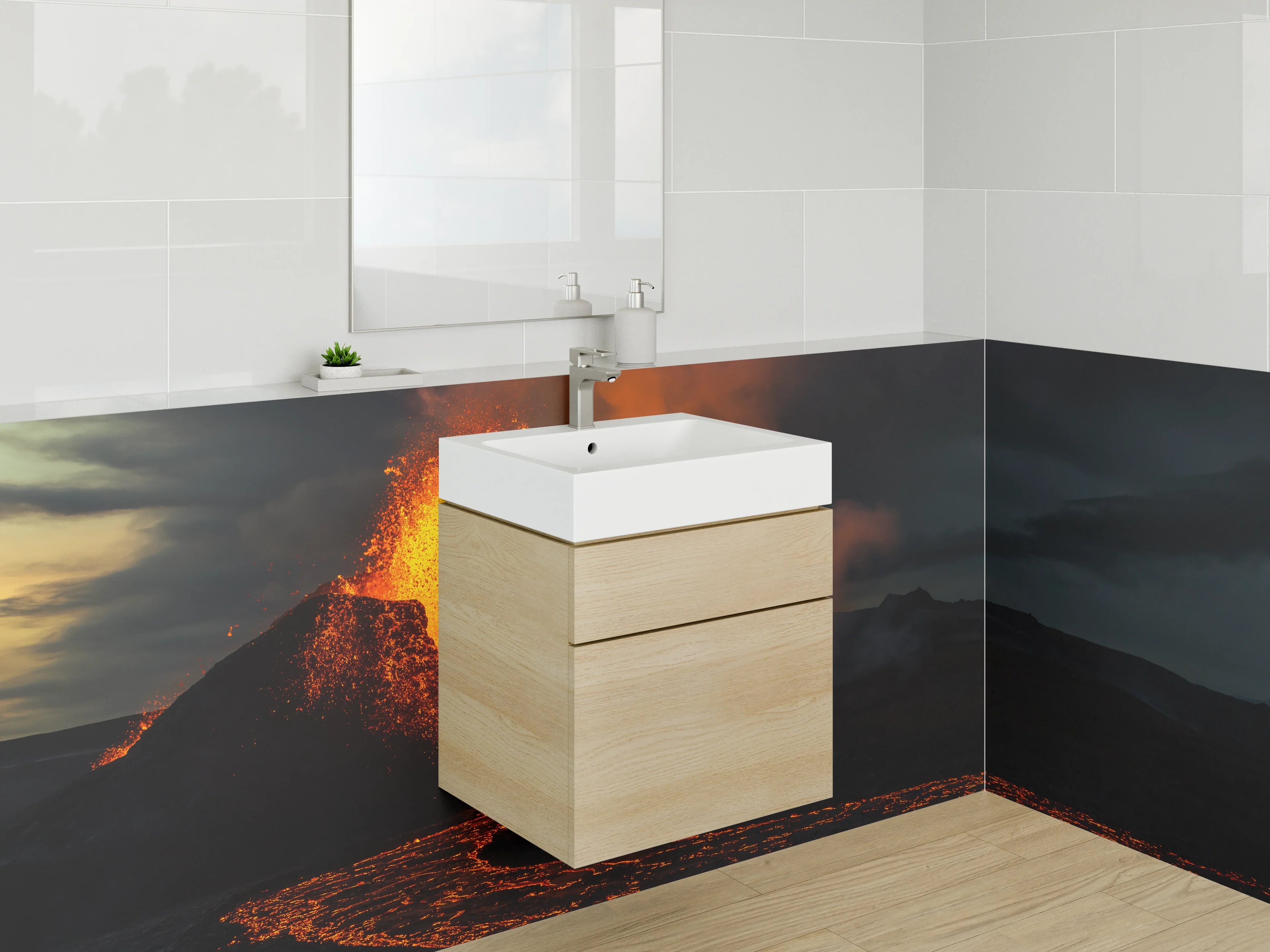 Waschbecken-Rückwand - Vulkan-Ausbruch mit fließender Lava