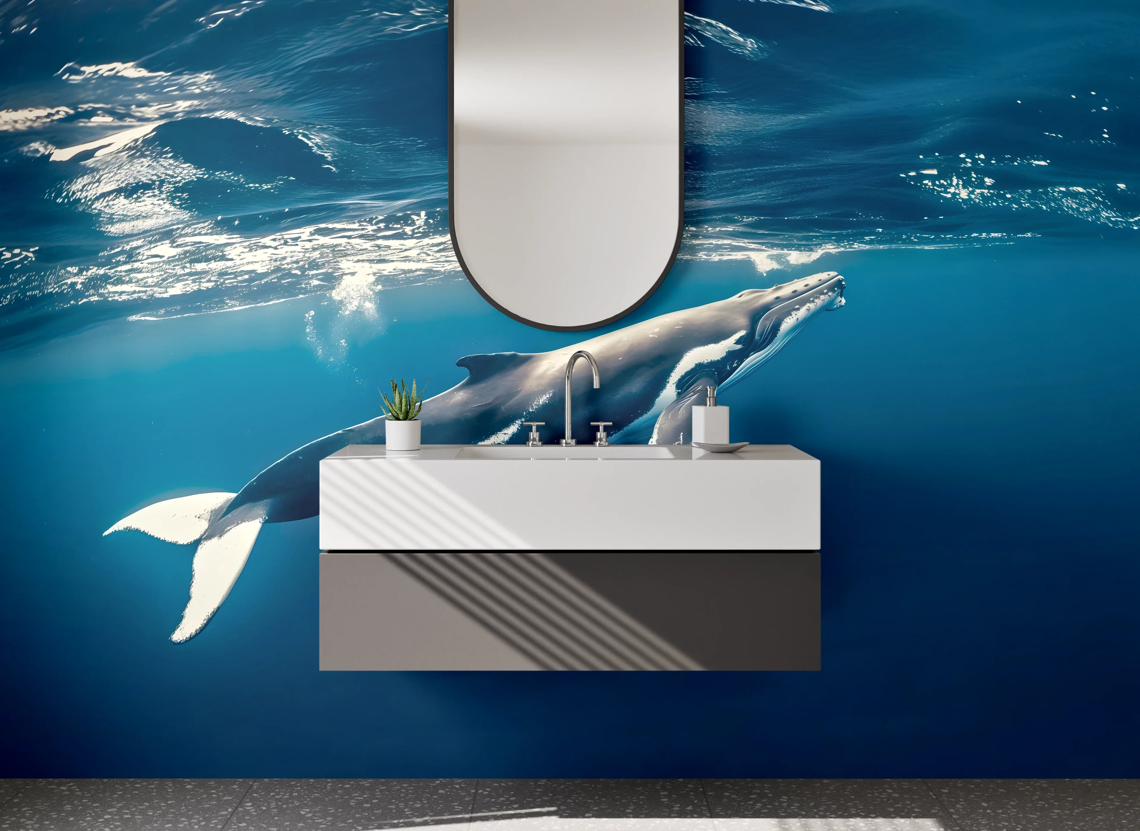 Waschbecken-Rückwand - Wal schwimmt im tiefen Ozean