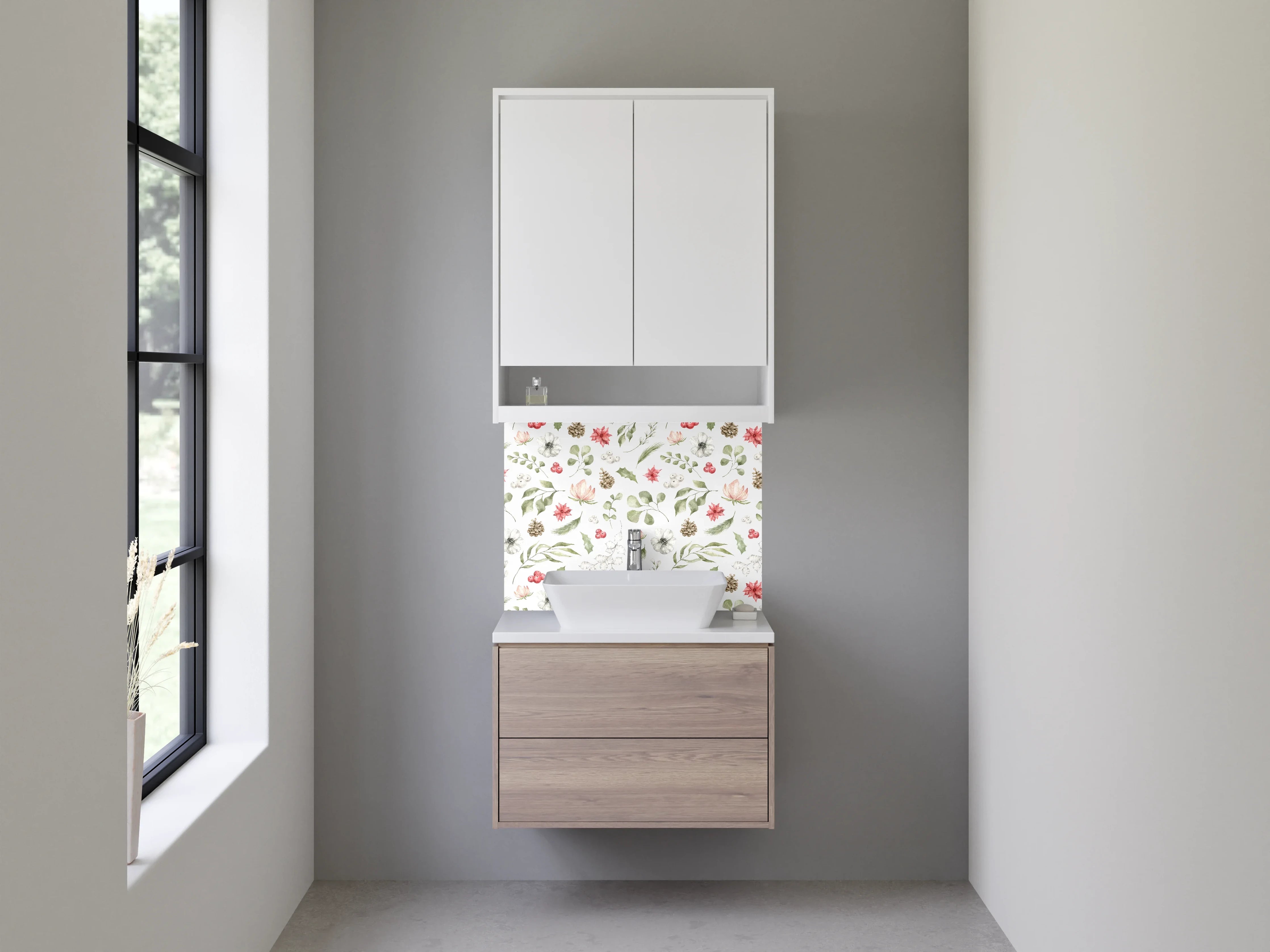 Waschbecken-Rückwand - Wald- und Blumenmuster mit Naturfarben