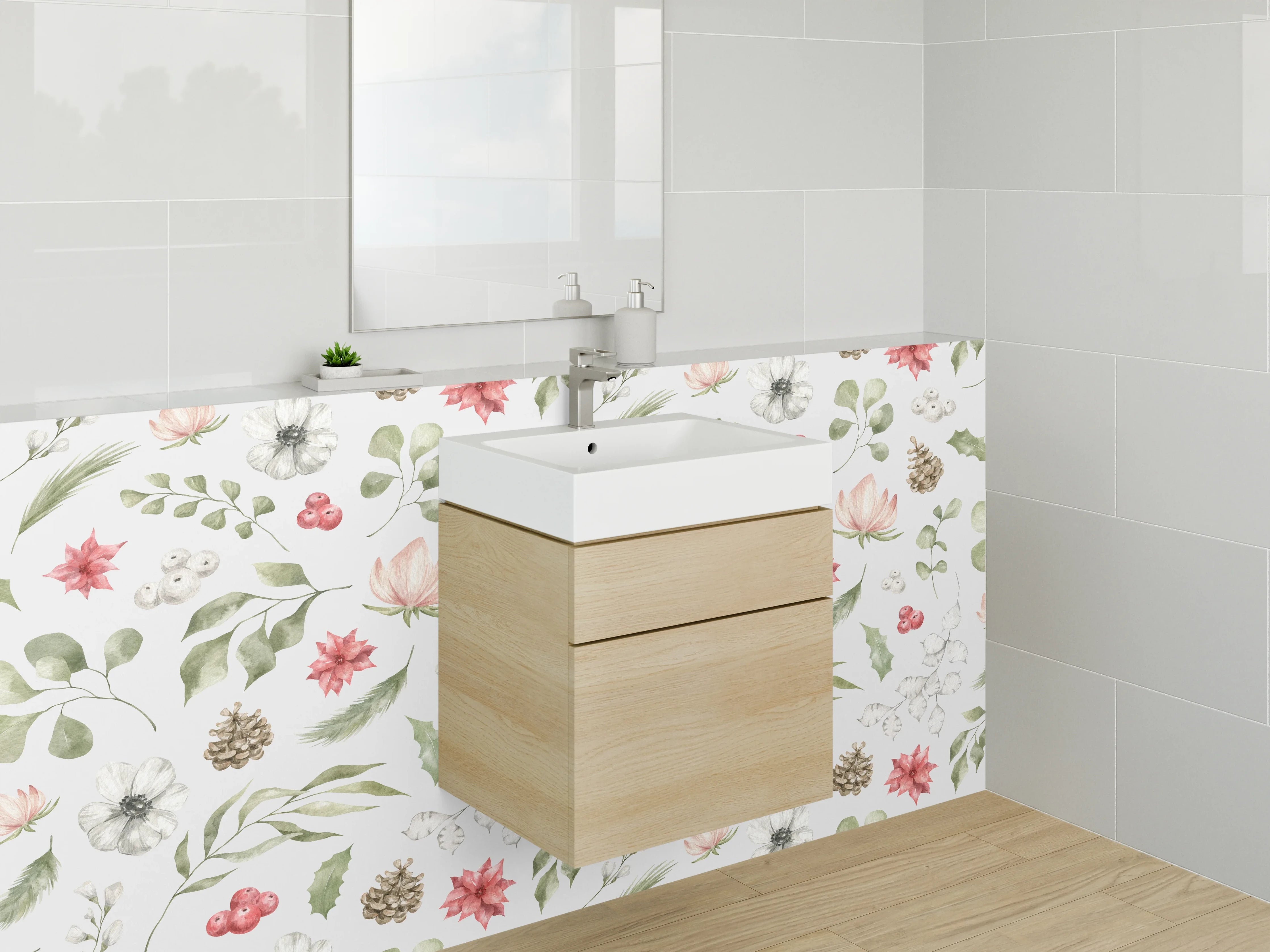 Waschbecken-Rückwand - Wald- und Blumenmuster mit Naturfarben