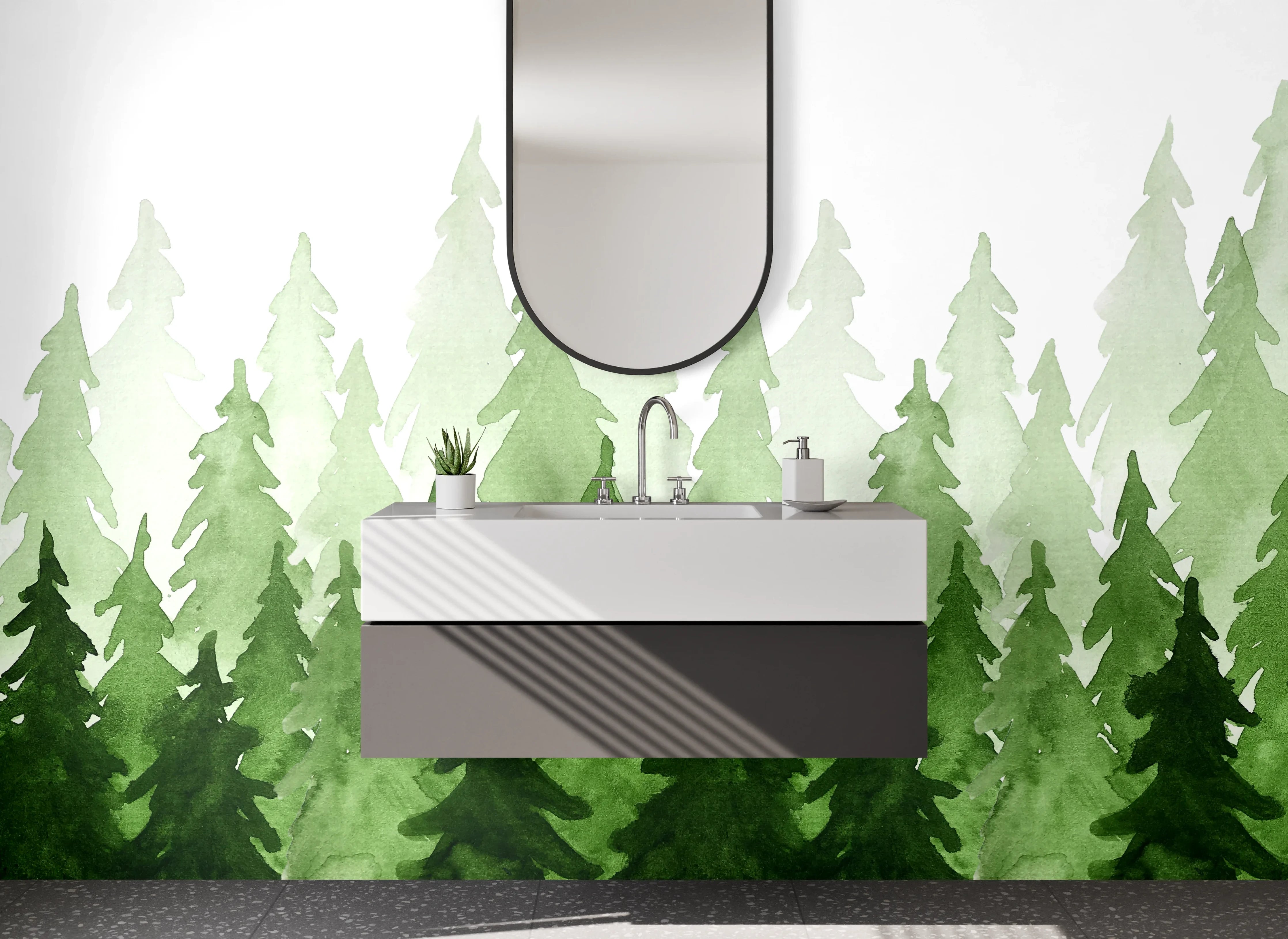 Waschbecken-Rückwand - Wald Aquarell Silhouetten Grün