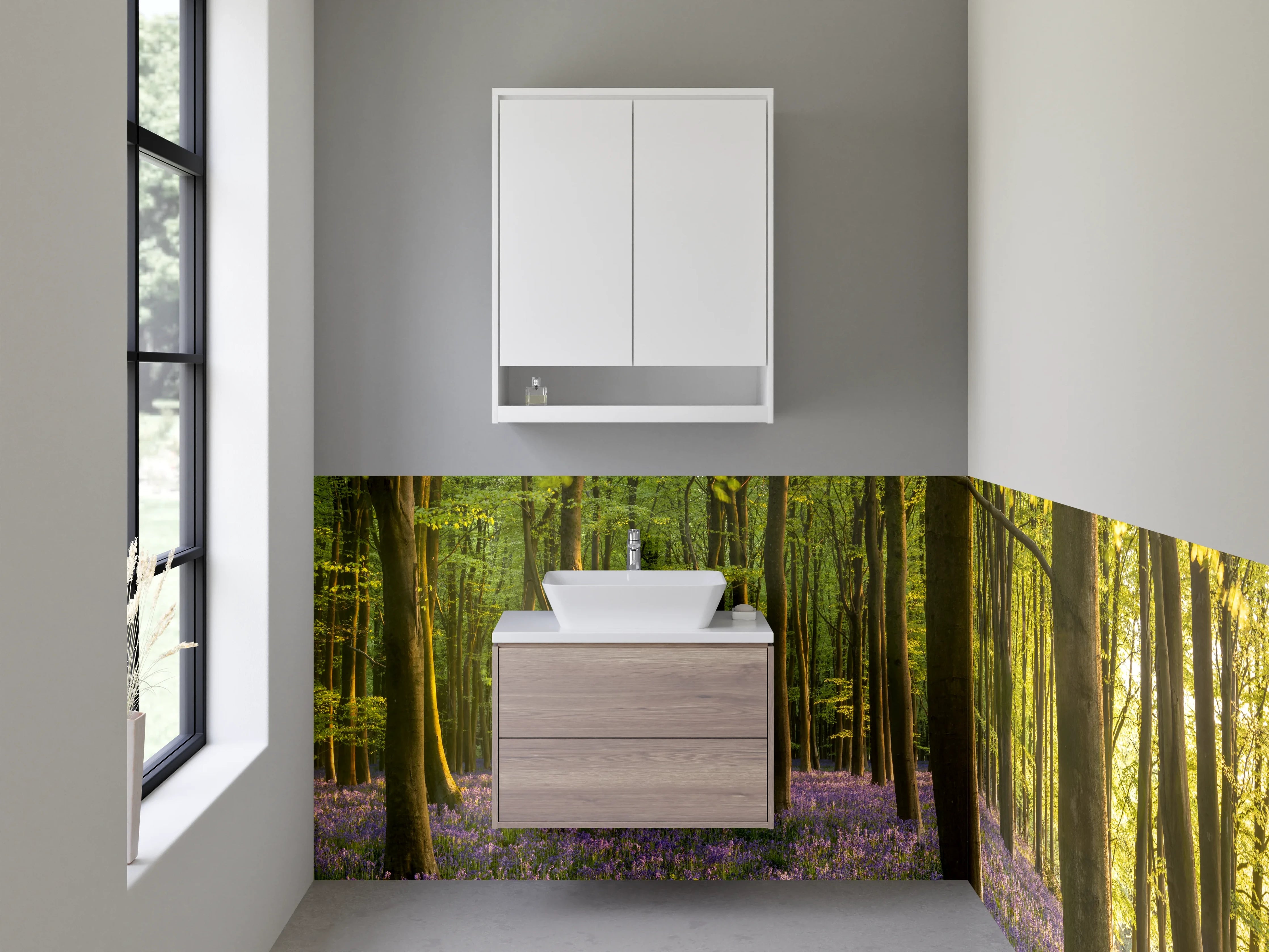 Waschbecken-Rückwand - Wald im Frühlingslicht mit blühendem Boden