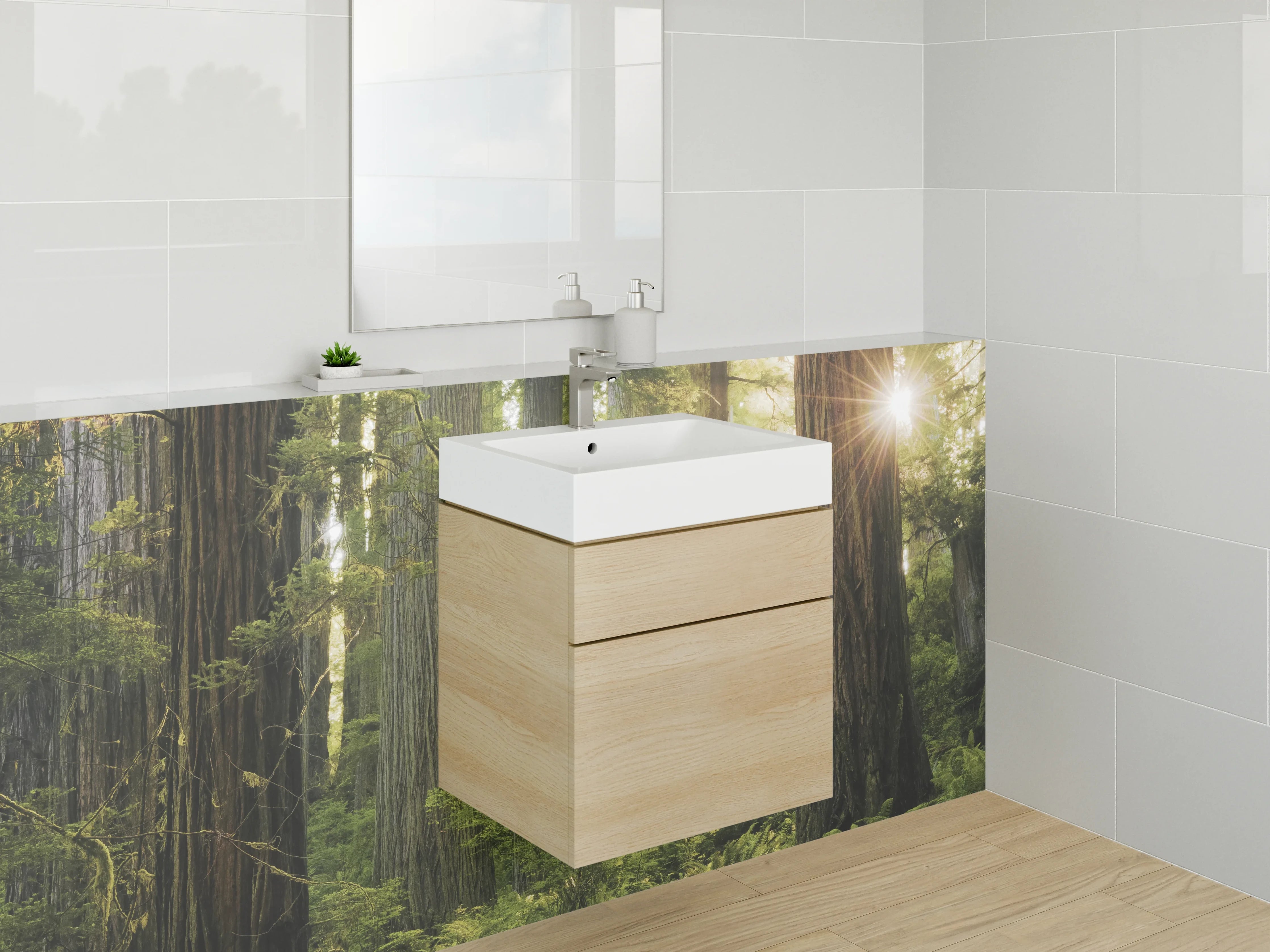 Waschbecken-Rückwand - Waldlichtung mit Sonnenstrahlen Fotodruck