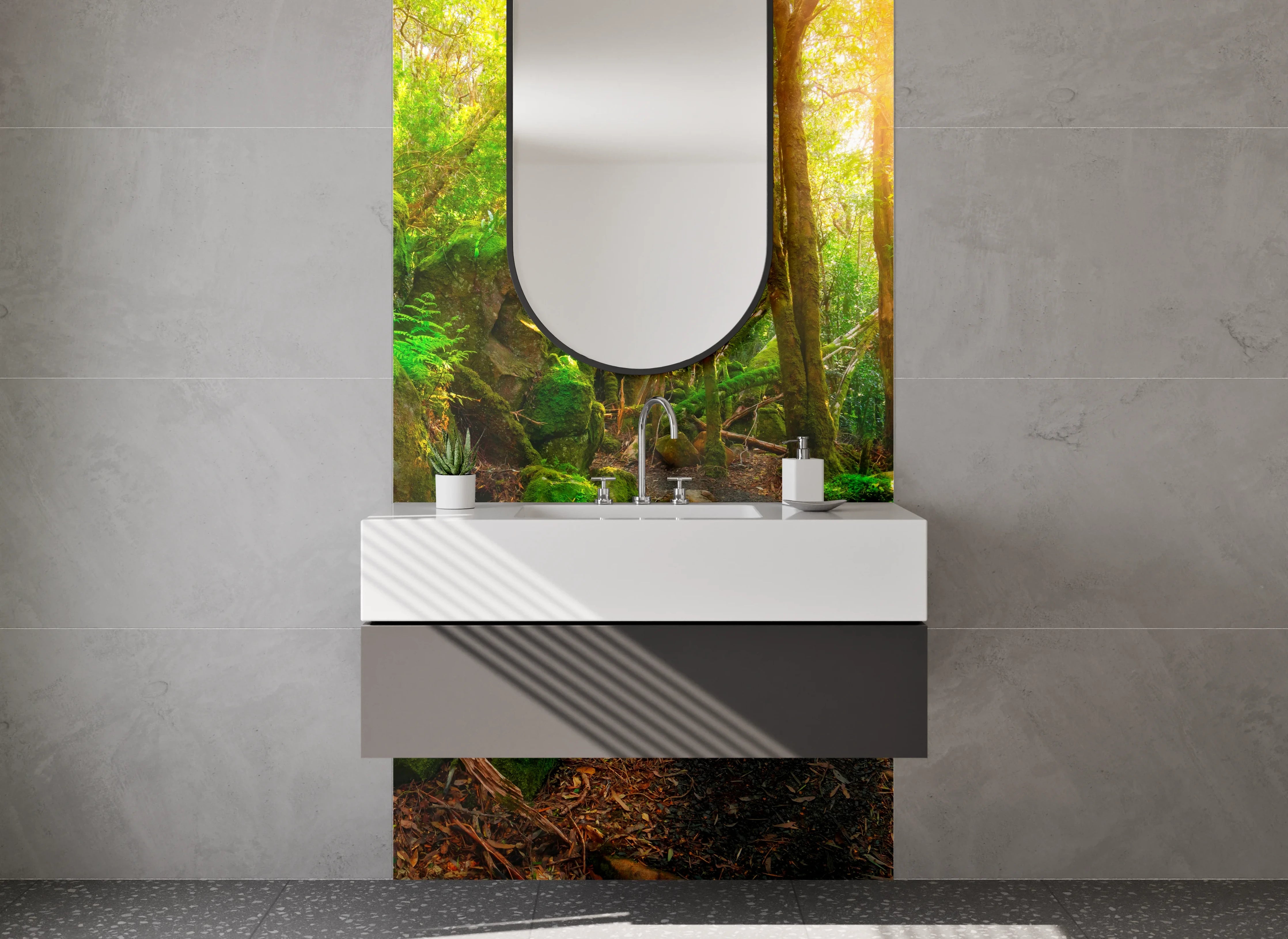Waschbecken-Rückwand - Waldpfad mit Sonnenstrahlen Natur