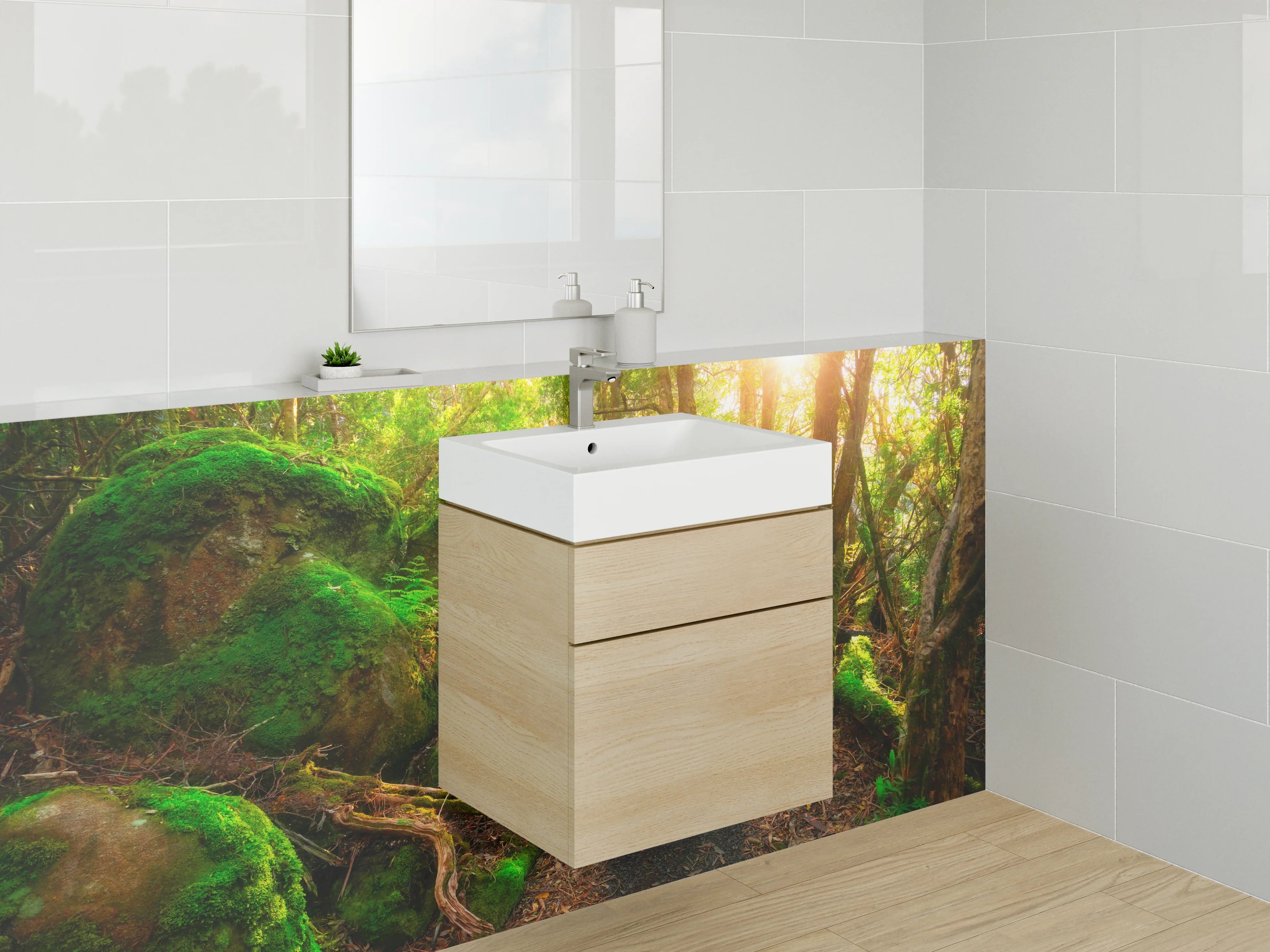 Waschbecken-Rückwand - Waldpfad mit Sonnenstrahlen Natur