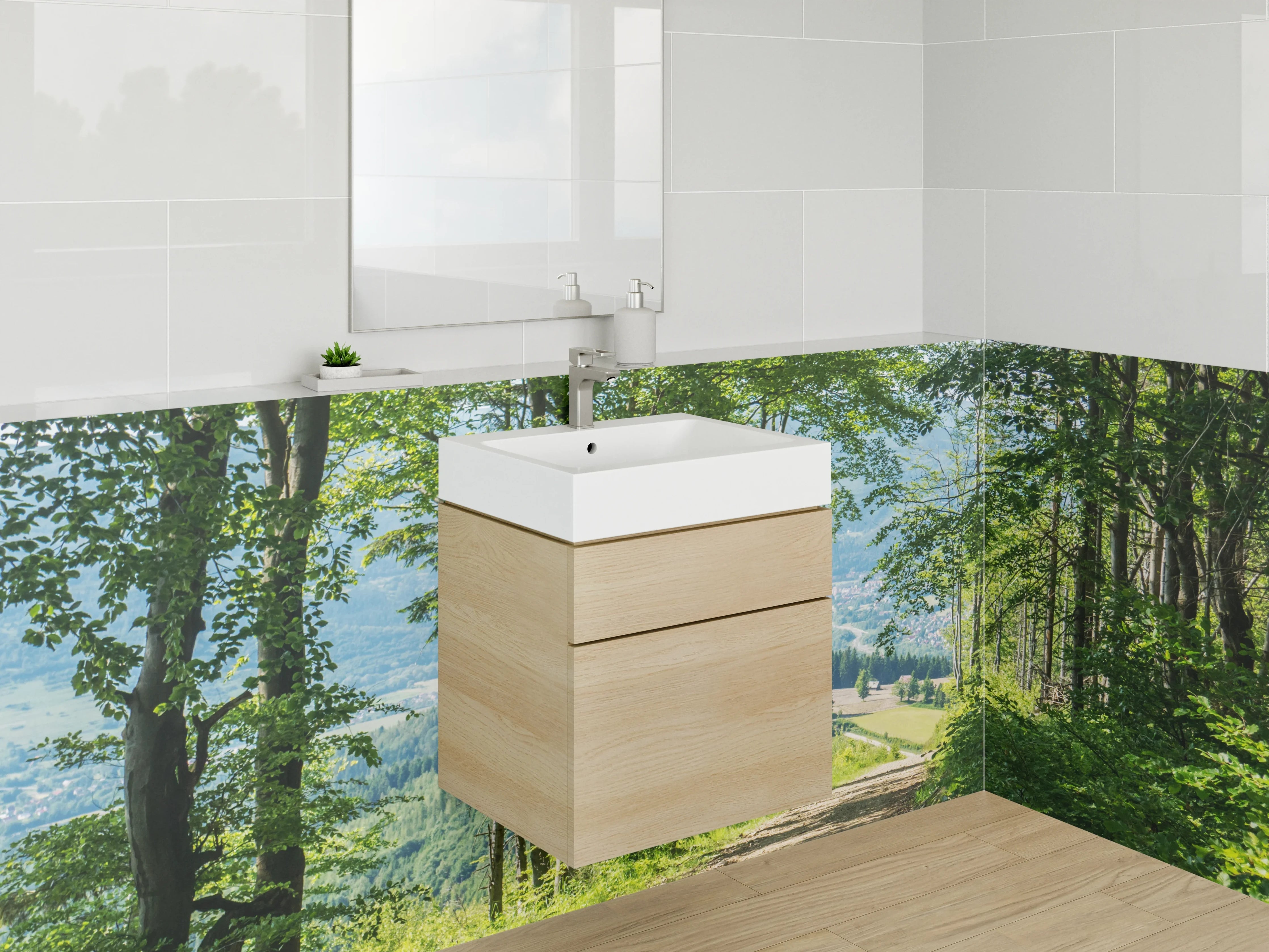 Waschbecken-Rückwand - Waldweg Panoramablick Naturmotiv