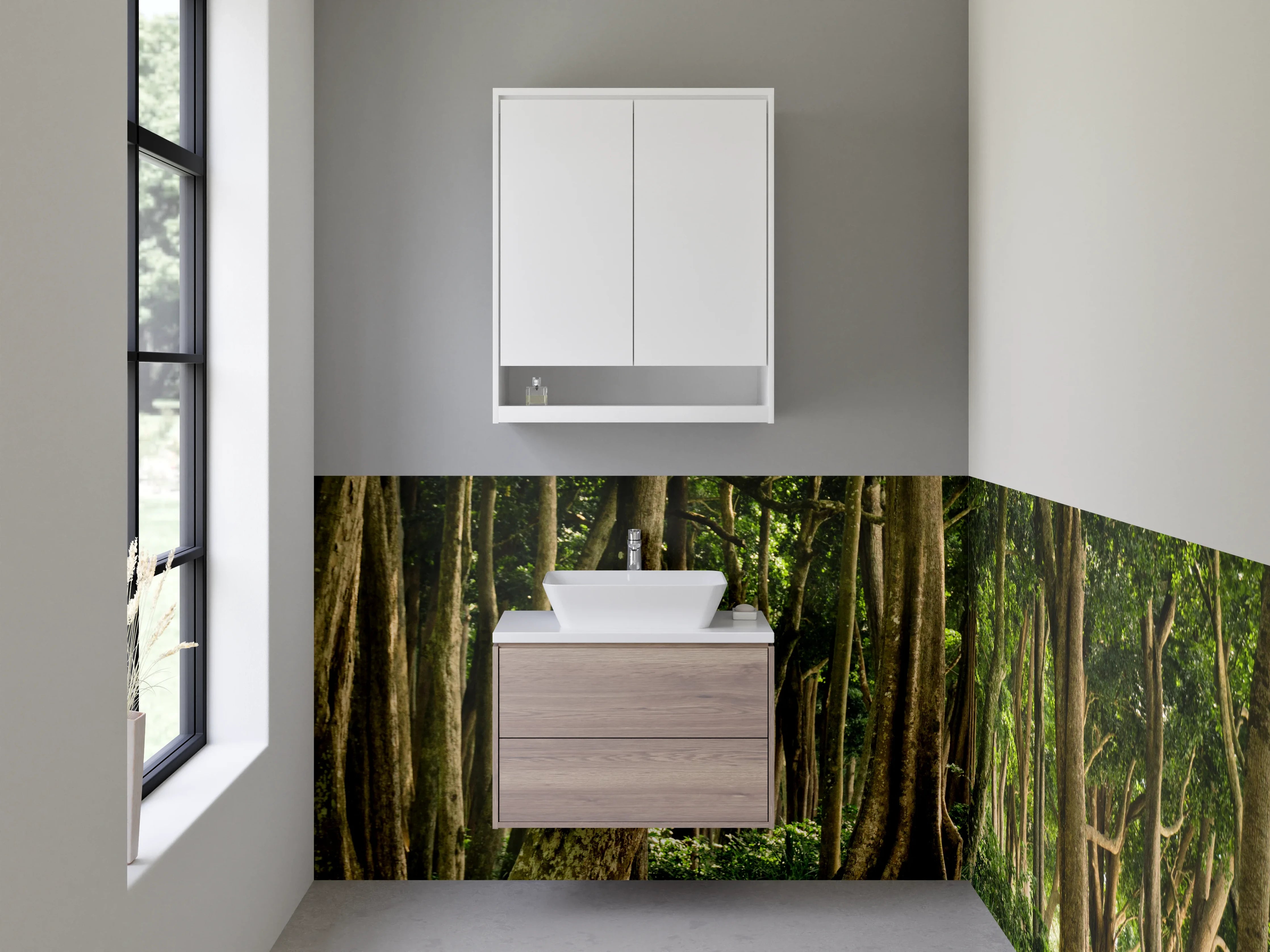 Waschbecken-Rückwand - Waldweg mit Sonnenlicht im Grünen