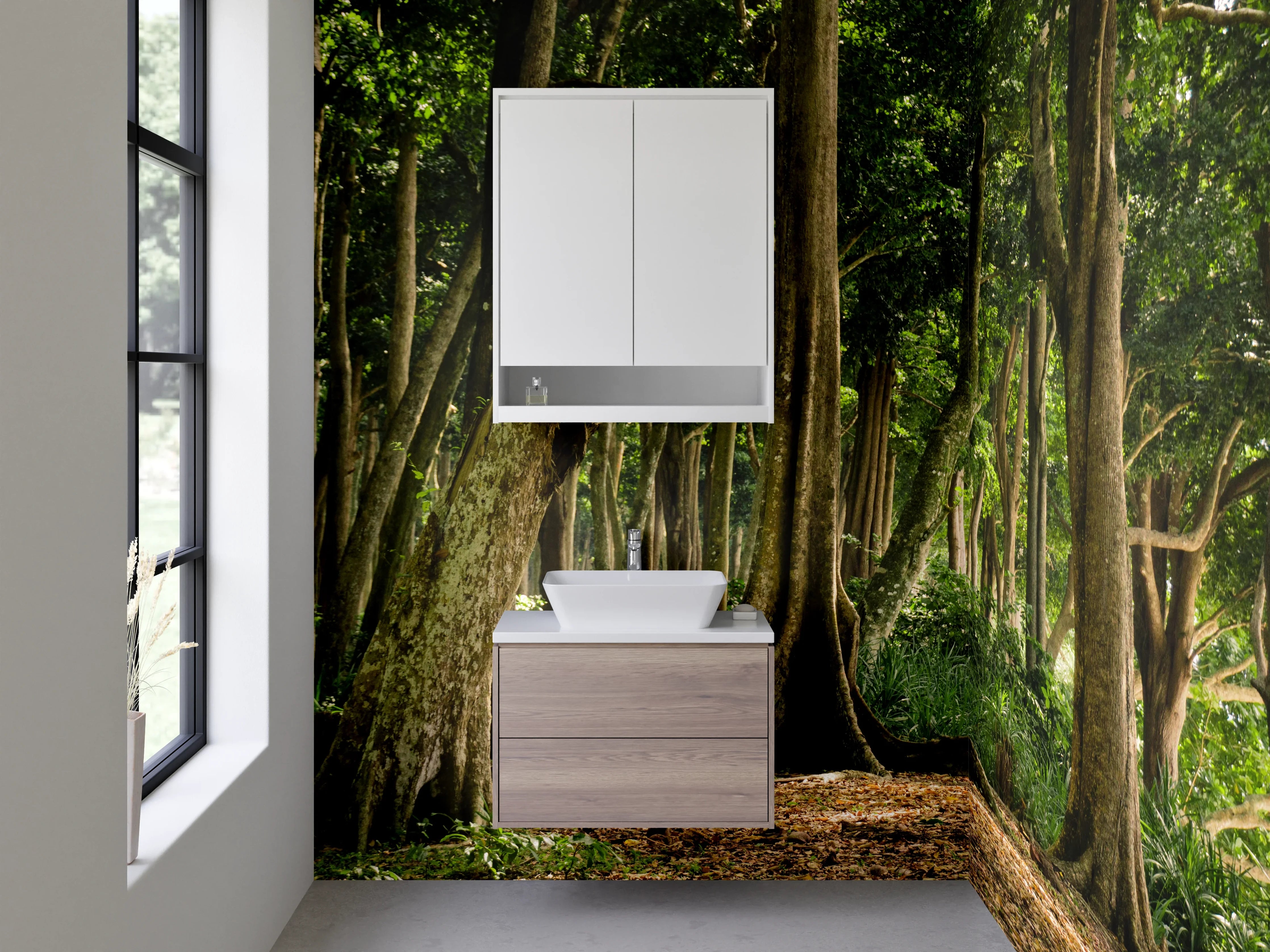 Waschbecken-Rückwand - Waldweg mit Sonnenlicht im Grünen