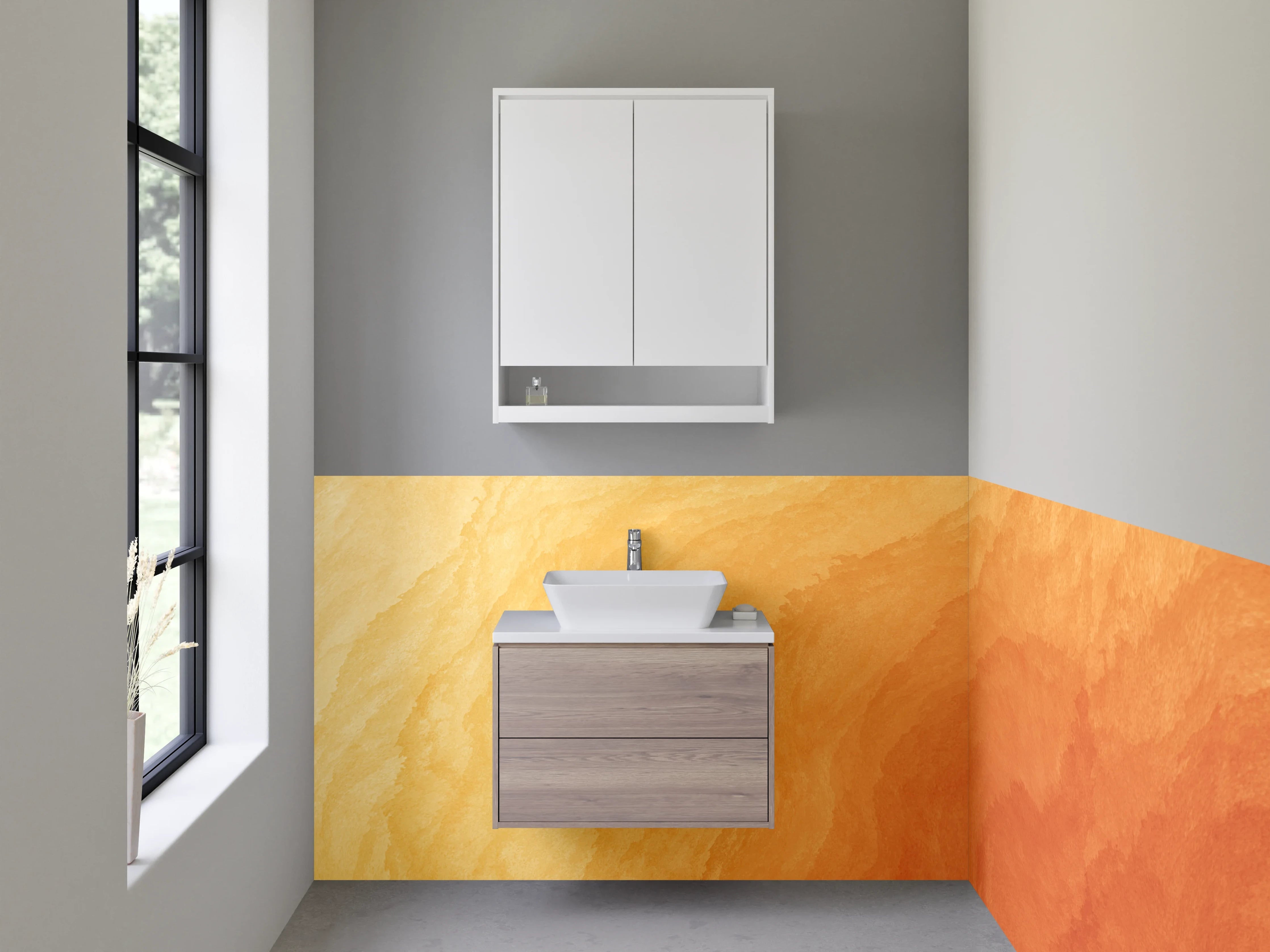 Waschbecken-Rückwand - Warme Aquarell-Struktur in Orange-Gelb