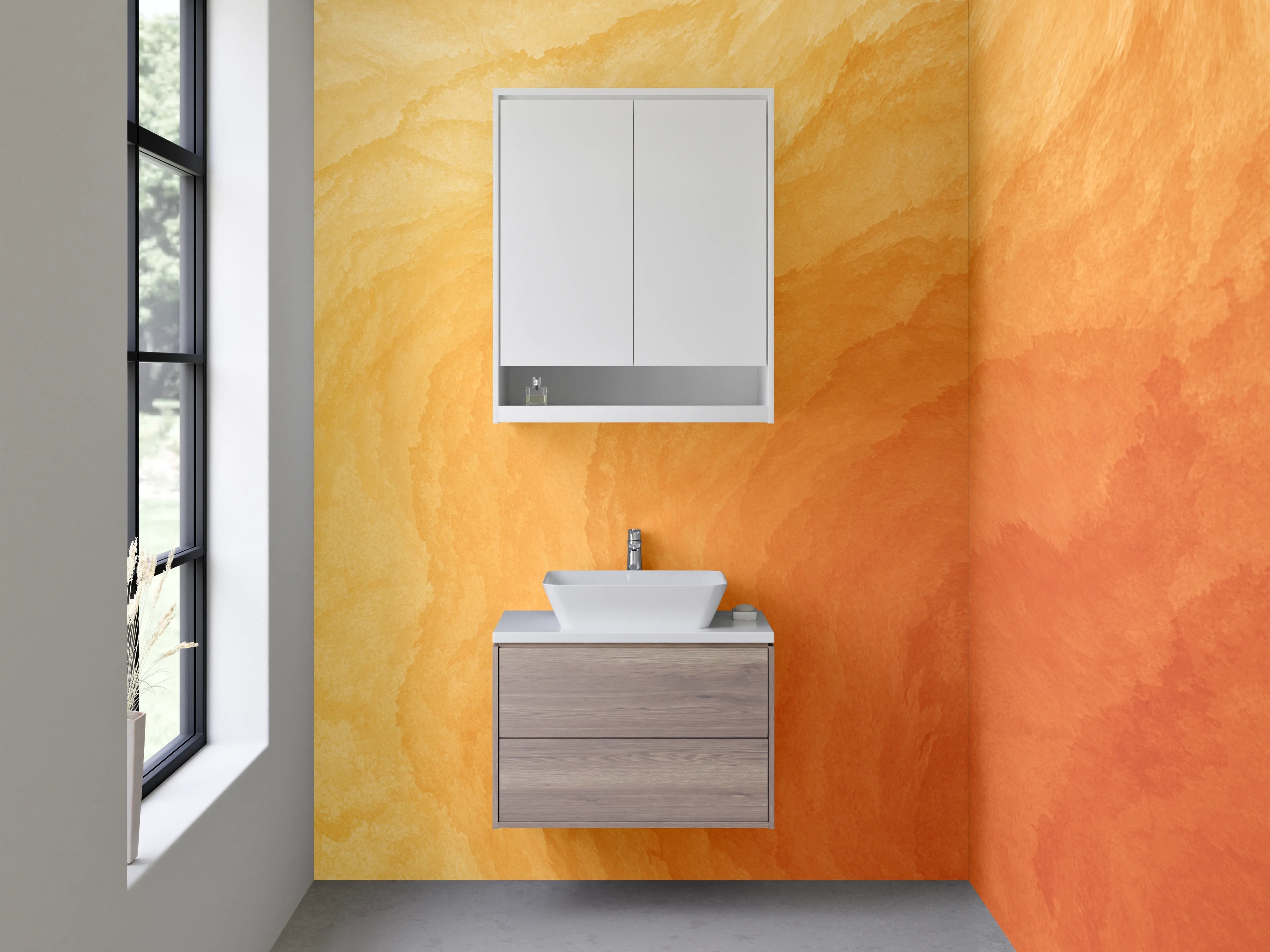Waschbecken-Rückwand - Warme Aquarell-Struktur in Orange-Gelb