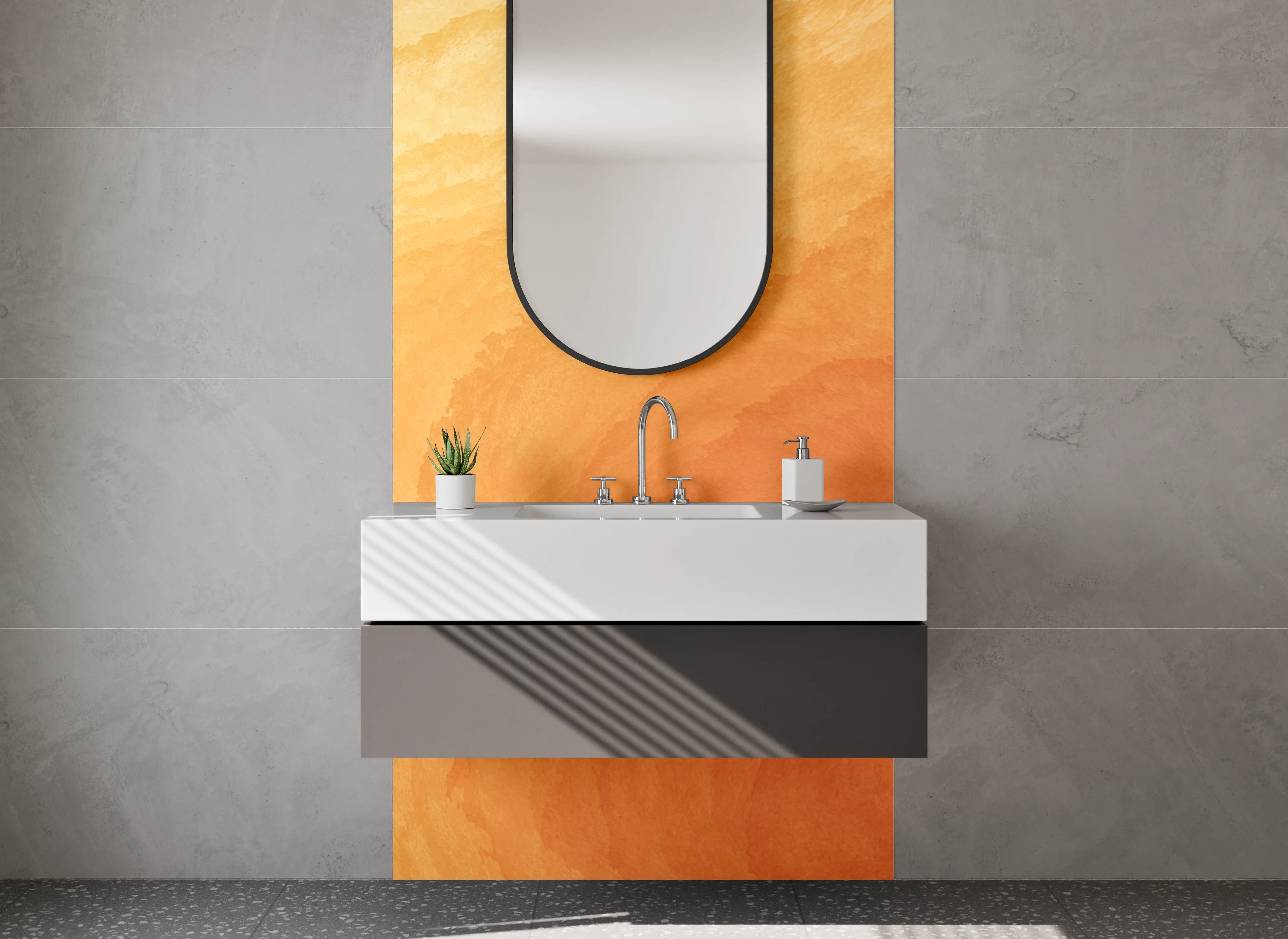 Waschbecken-Rückwand - Warme Aquarell-Struktur in Orange-Gelb