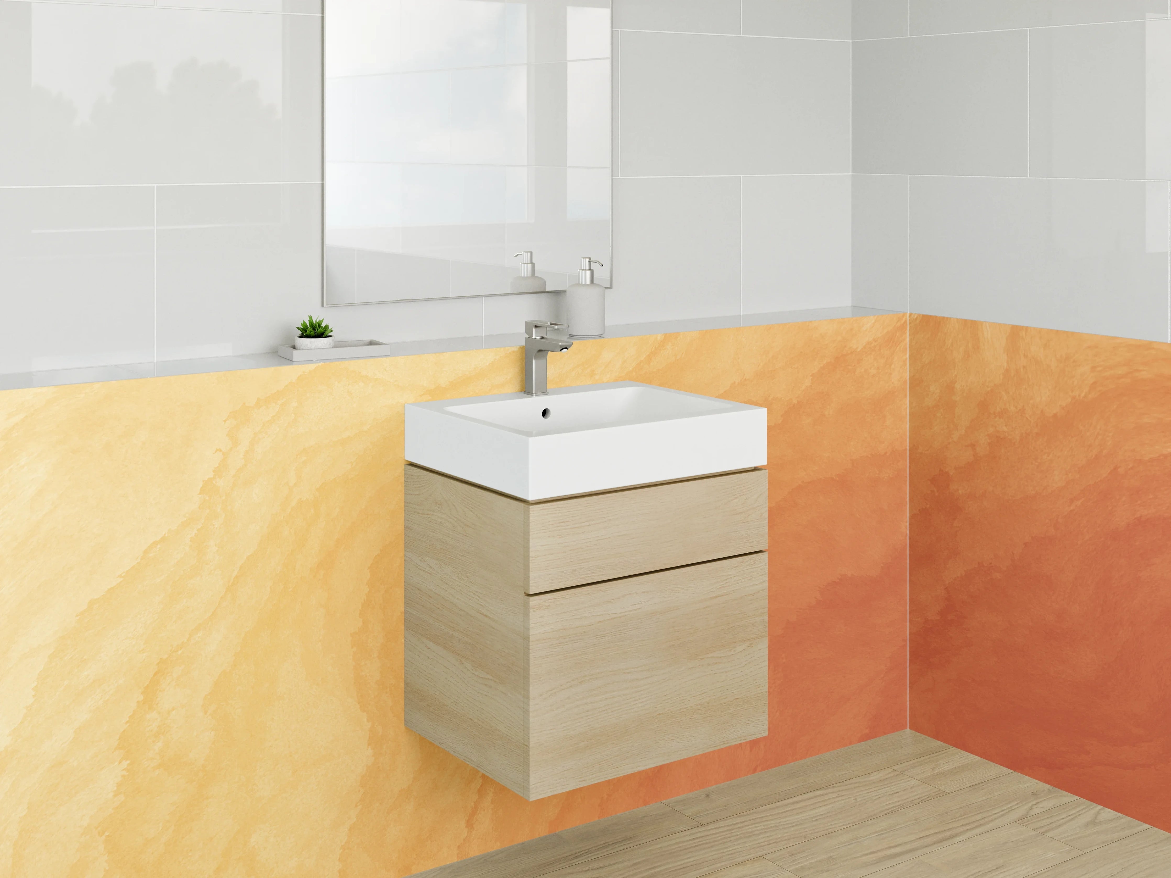 Waschbecken-Rückwand - Warme Aquarell-Struktur in Orange-Gelb