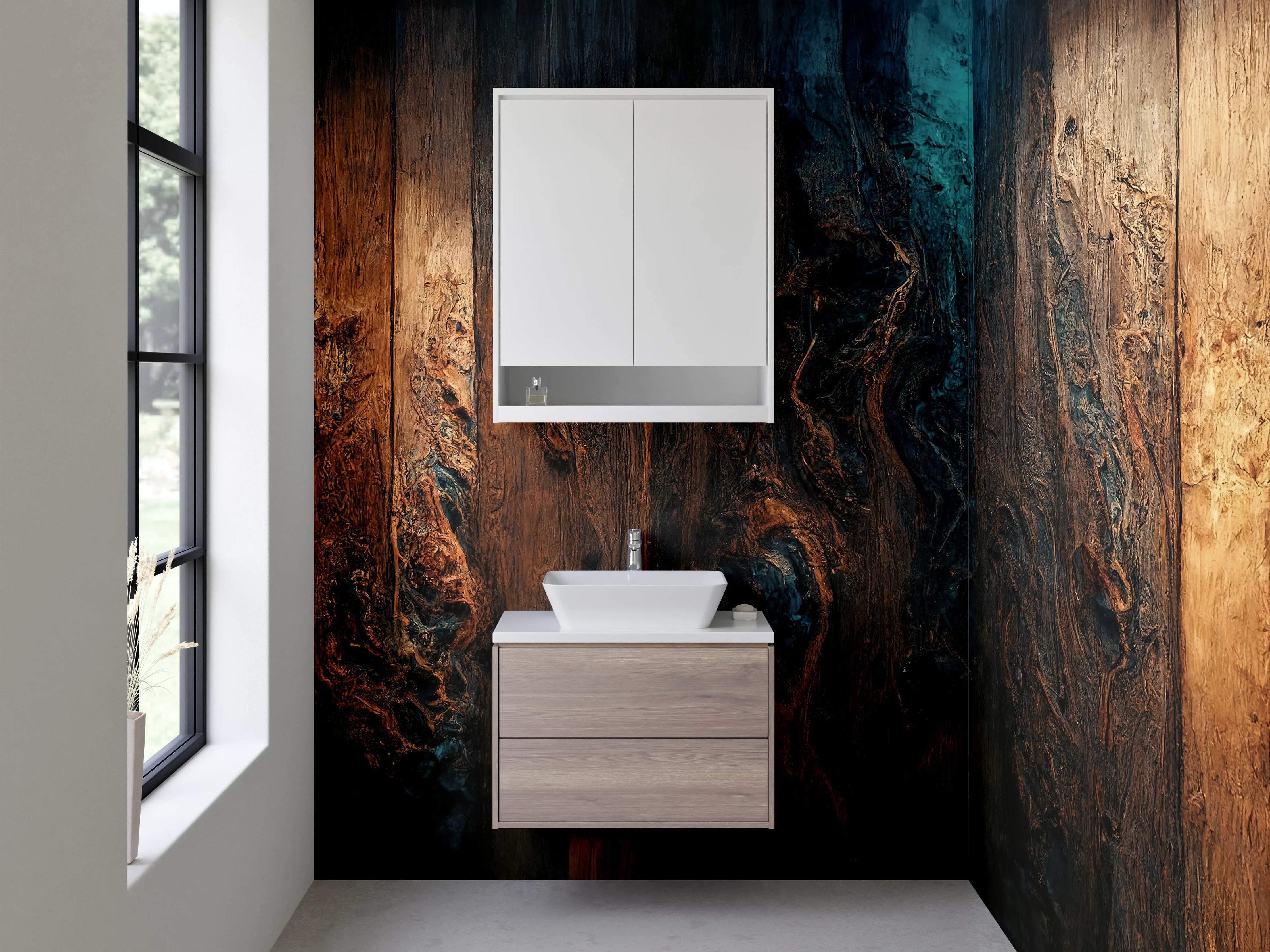 Waschbecken-Rückwand - Warme Holzoptik mit dunklen Strukturen