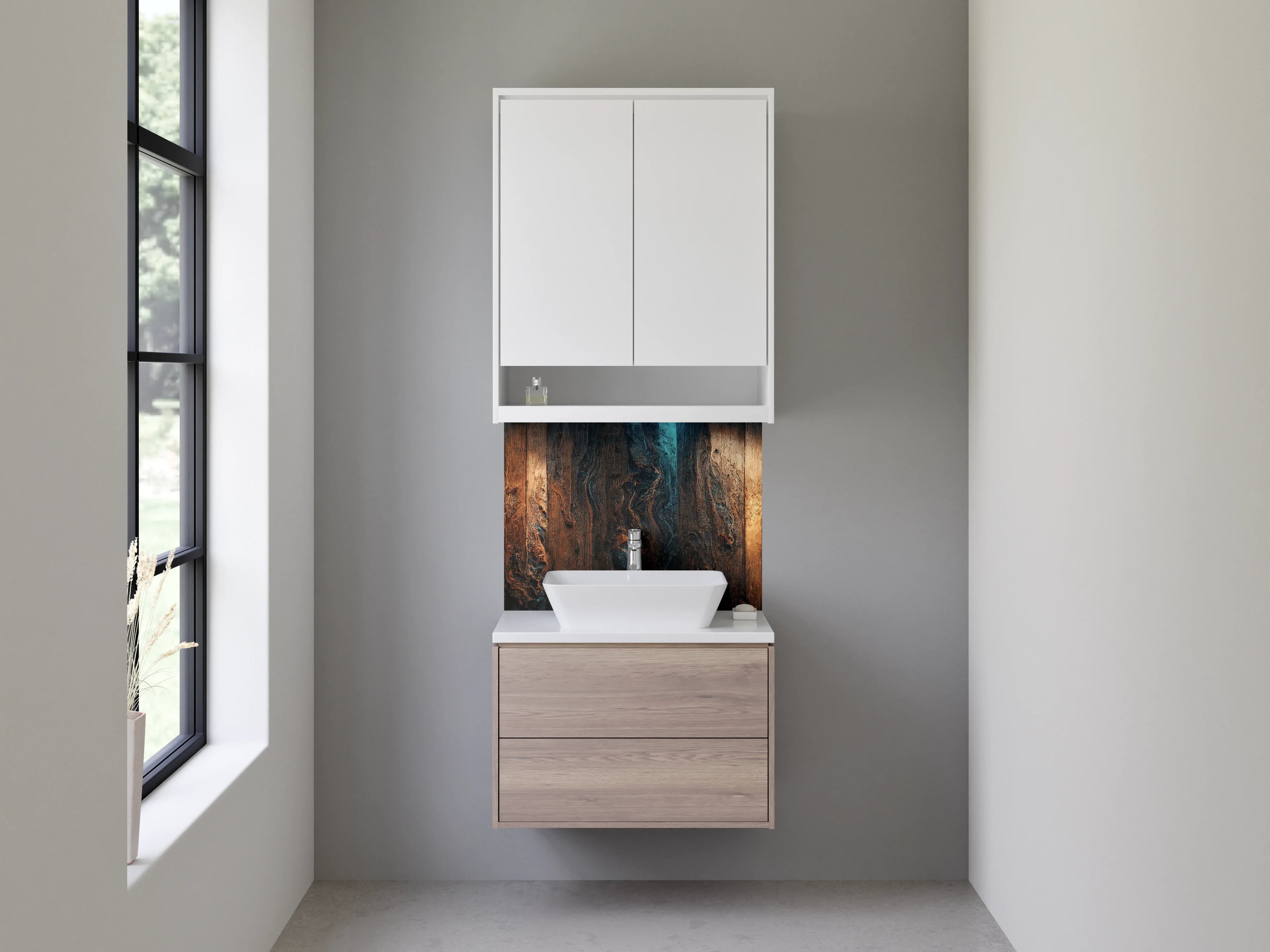 Waschbecken-Rückwand - Warme Holzoptik mit dunklen Strukturen