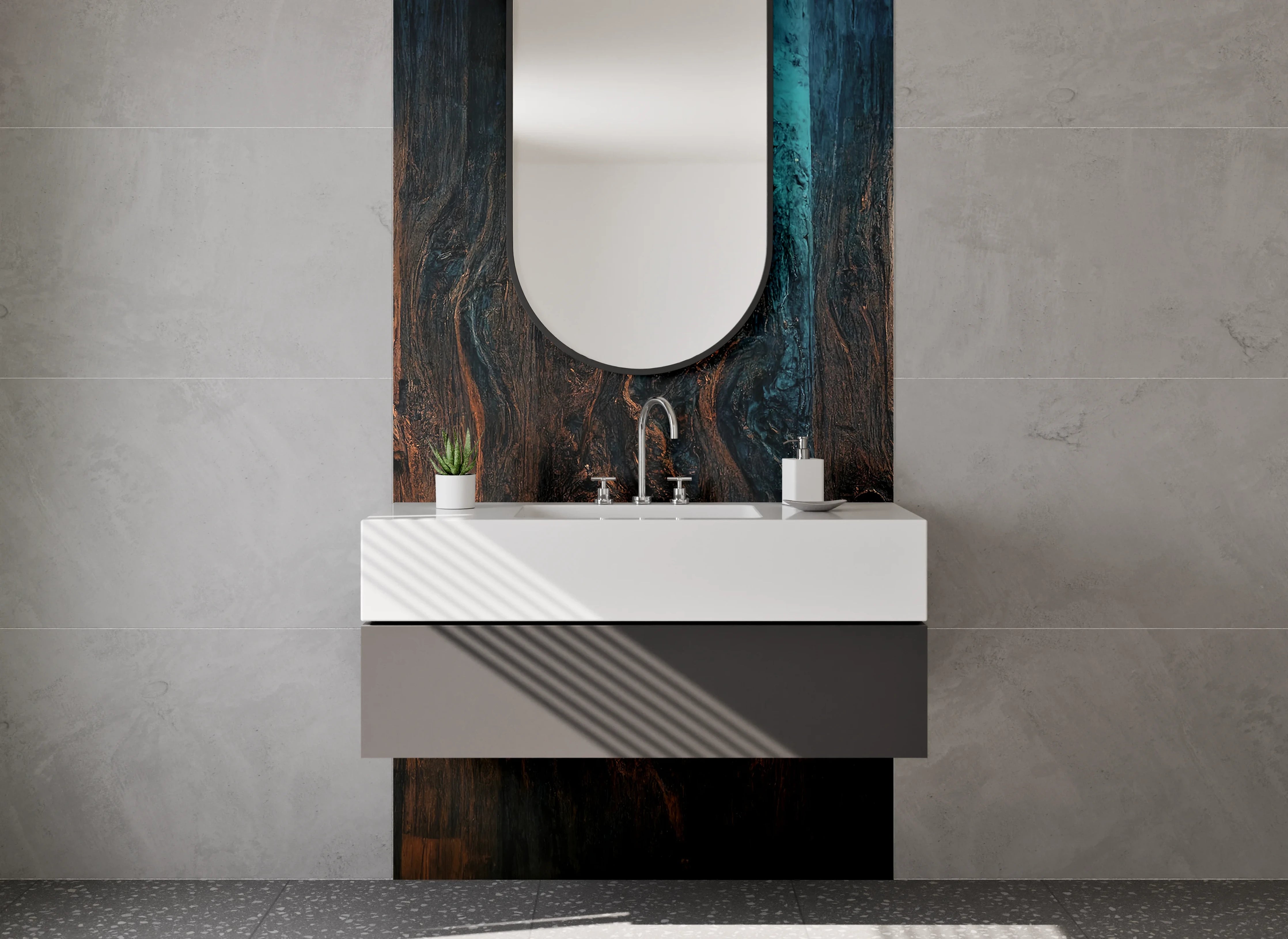 Waschbecken-Rückwand - Warme Holzoptik mit dunklen Strukturen