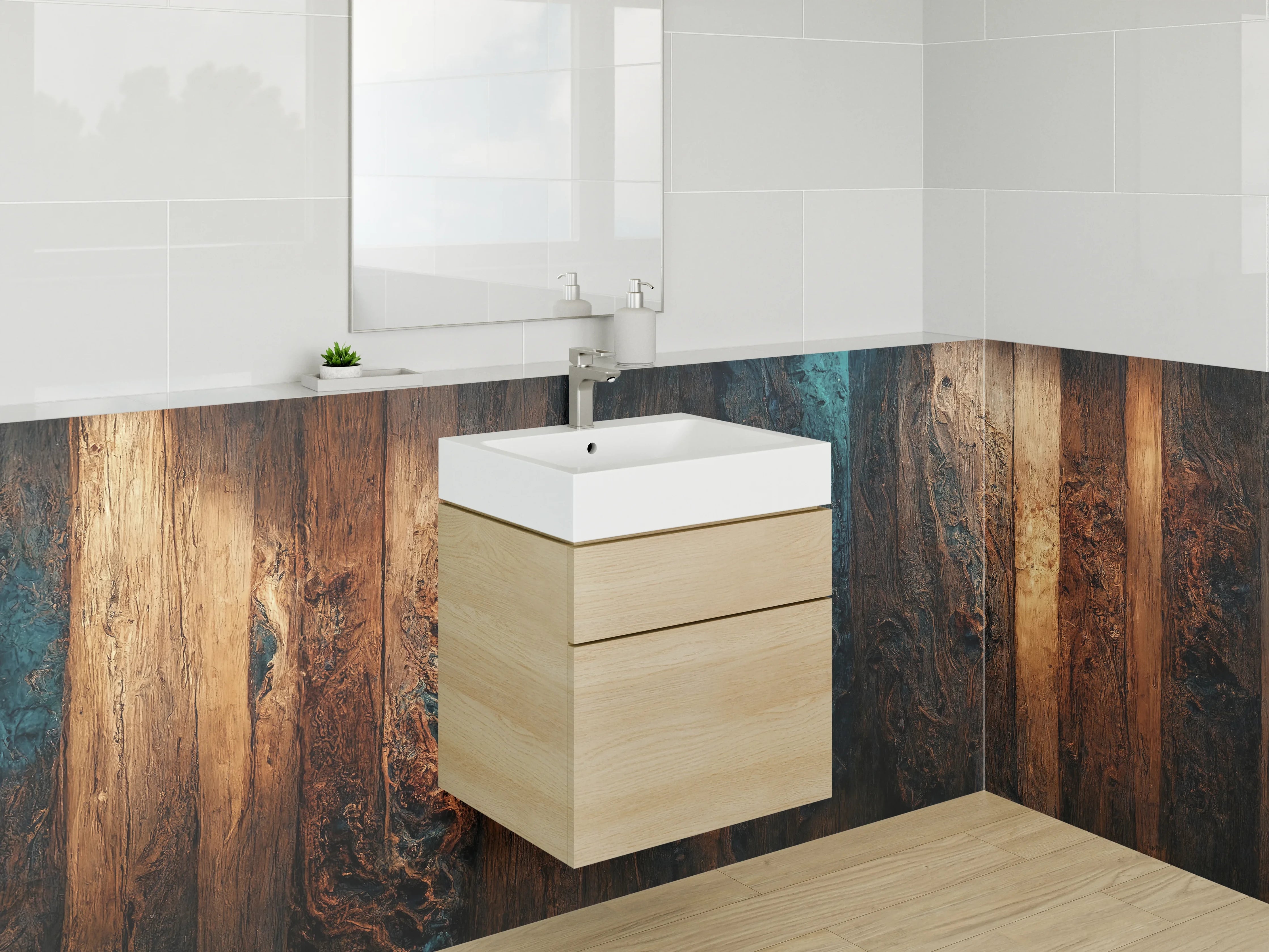 Waschbecken-Rückwand - Warme Holzoptik mit dunklen Strukturen