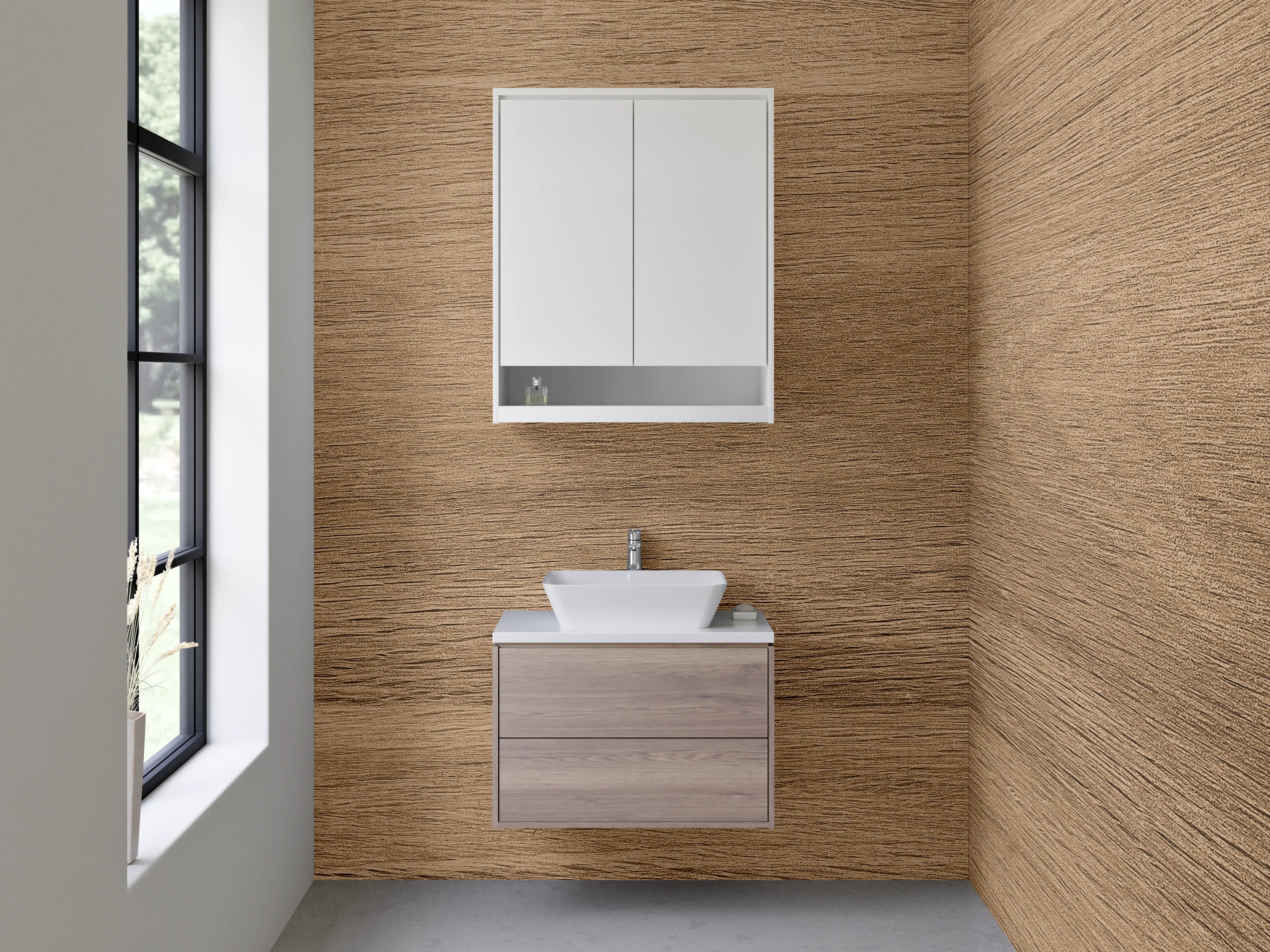 Waschbecken-Rückwand - Warme Holztöne im Vintage-Stil