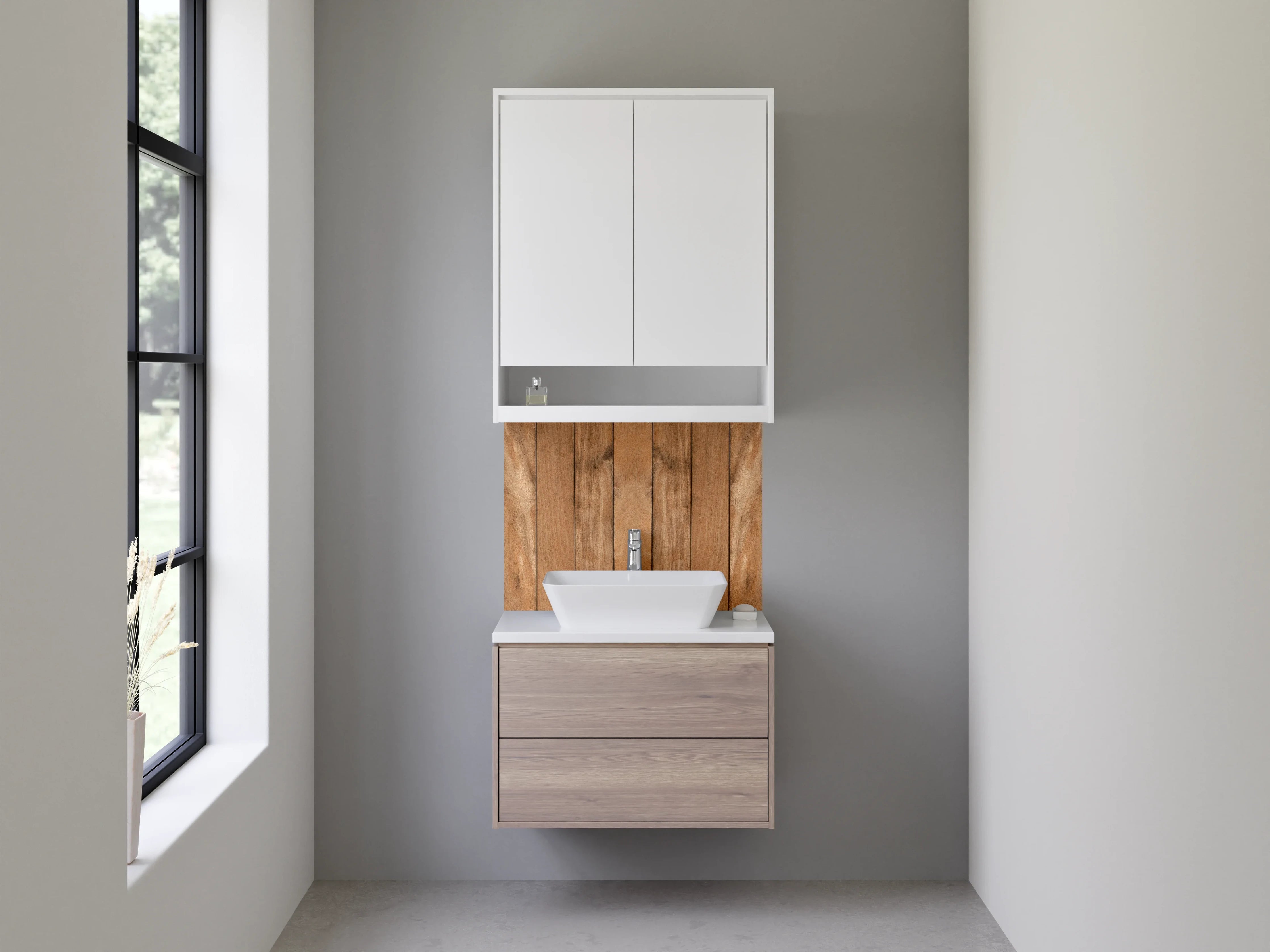 Waschbecken-Rückwand - Warme Holzvertäfelung in Naturtönen