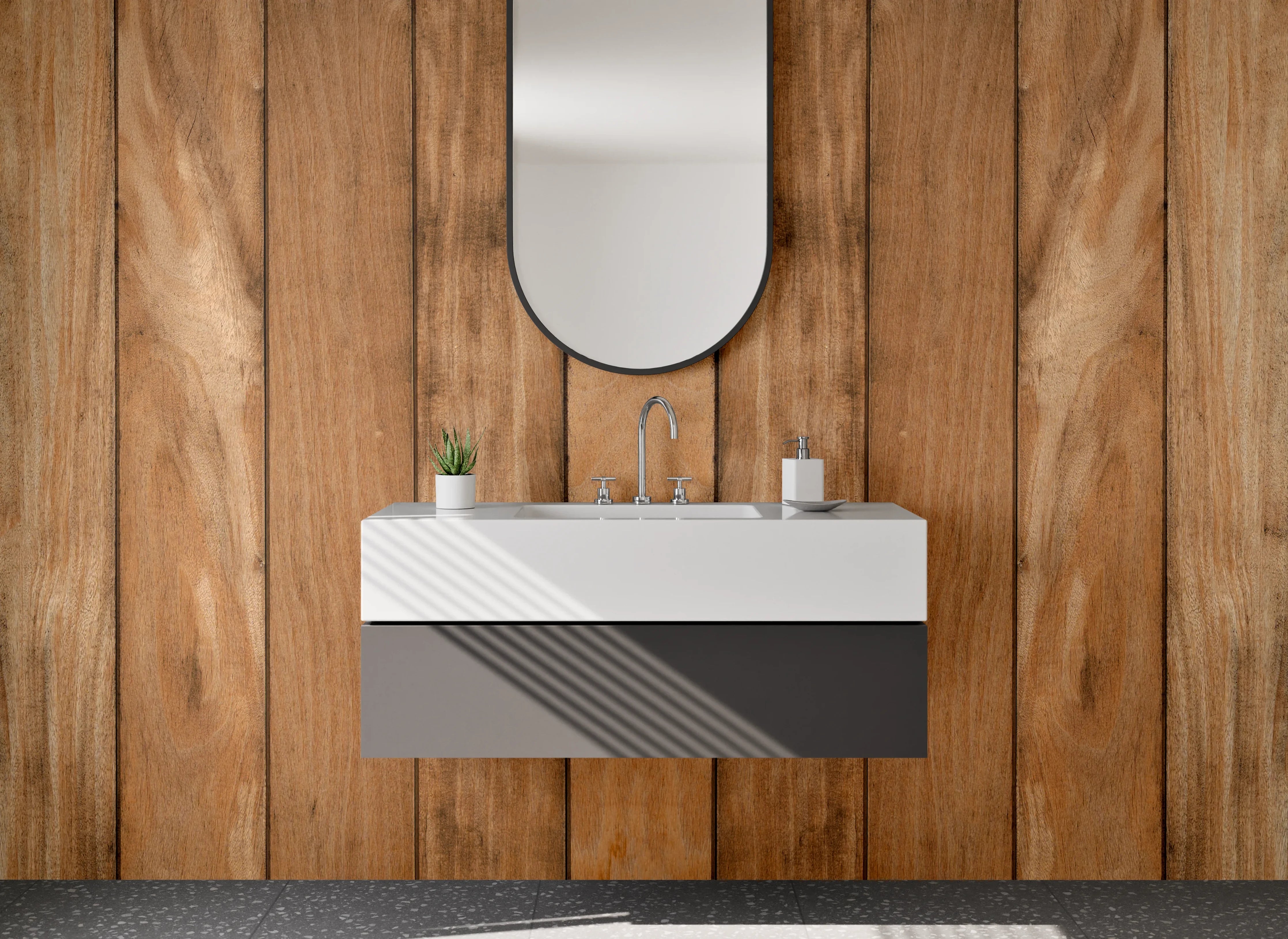 Waschbecken-Rückwand - Warme Holzvertäfelung in Naturtönen