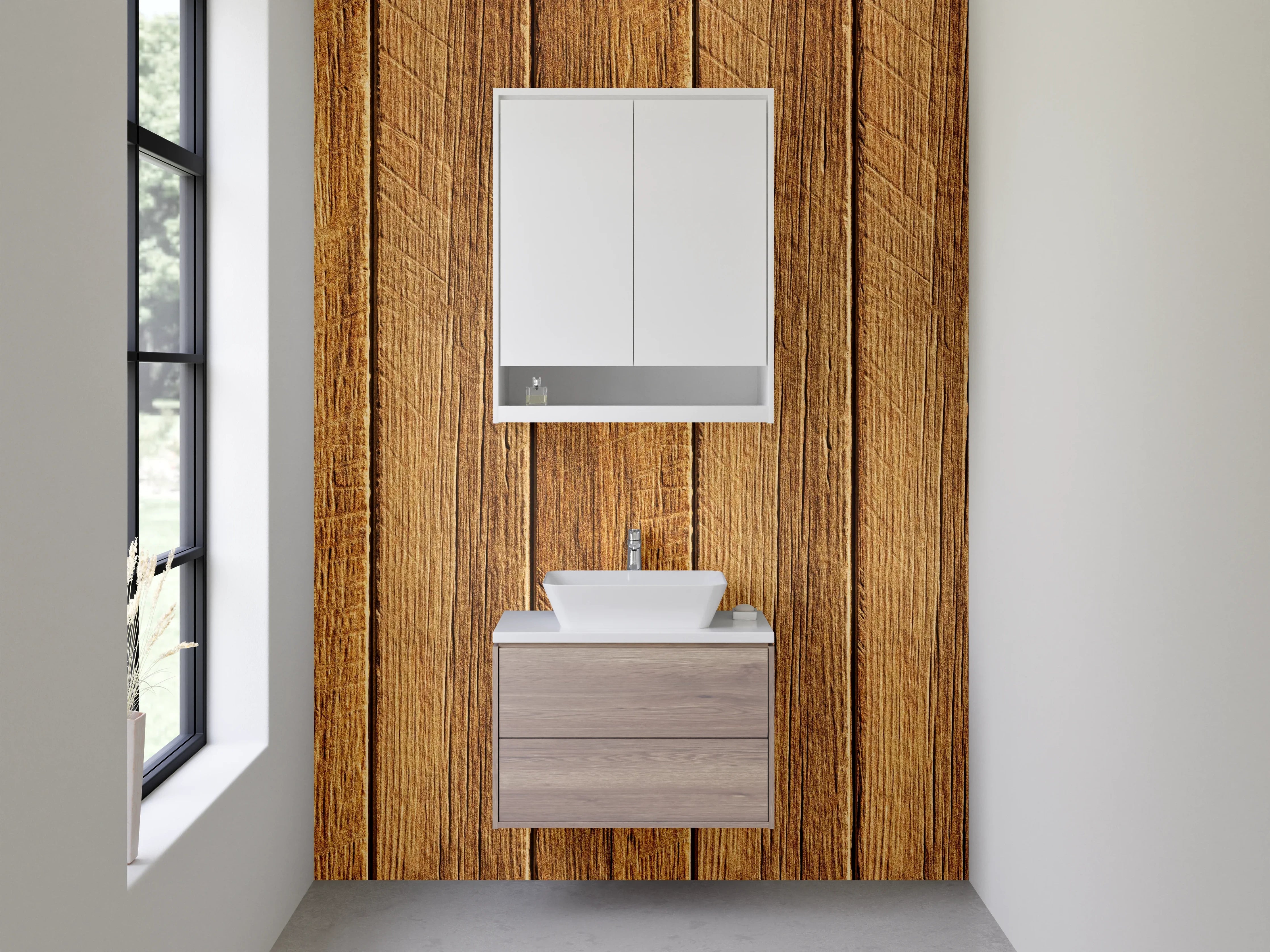 Waschbecken-Rückwand - Warme Holzwand mit natürlicher Maserung