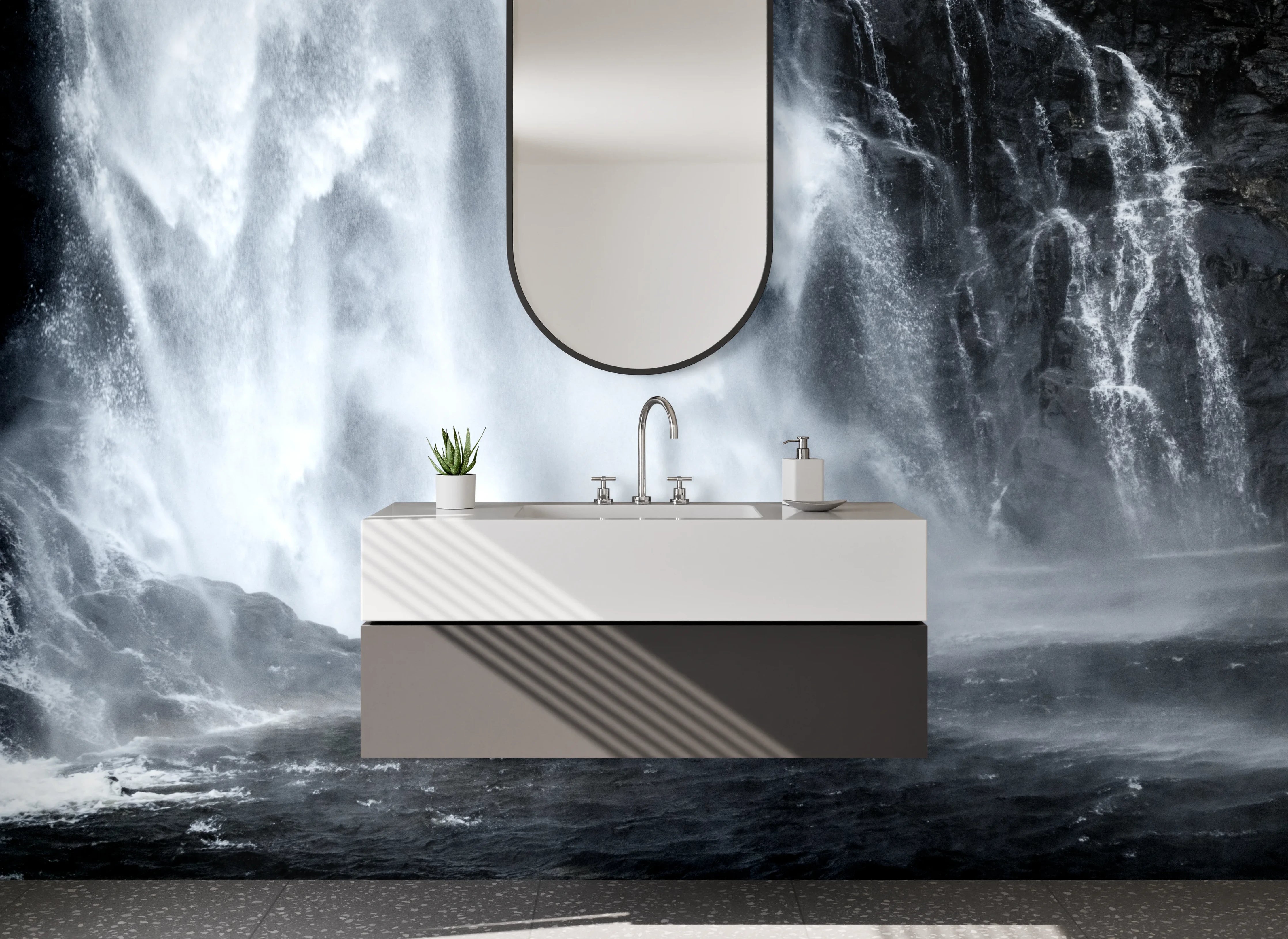 Waschbecken-Rückwand - Wasserfall Nahaufnahme in Weiß und Grau
