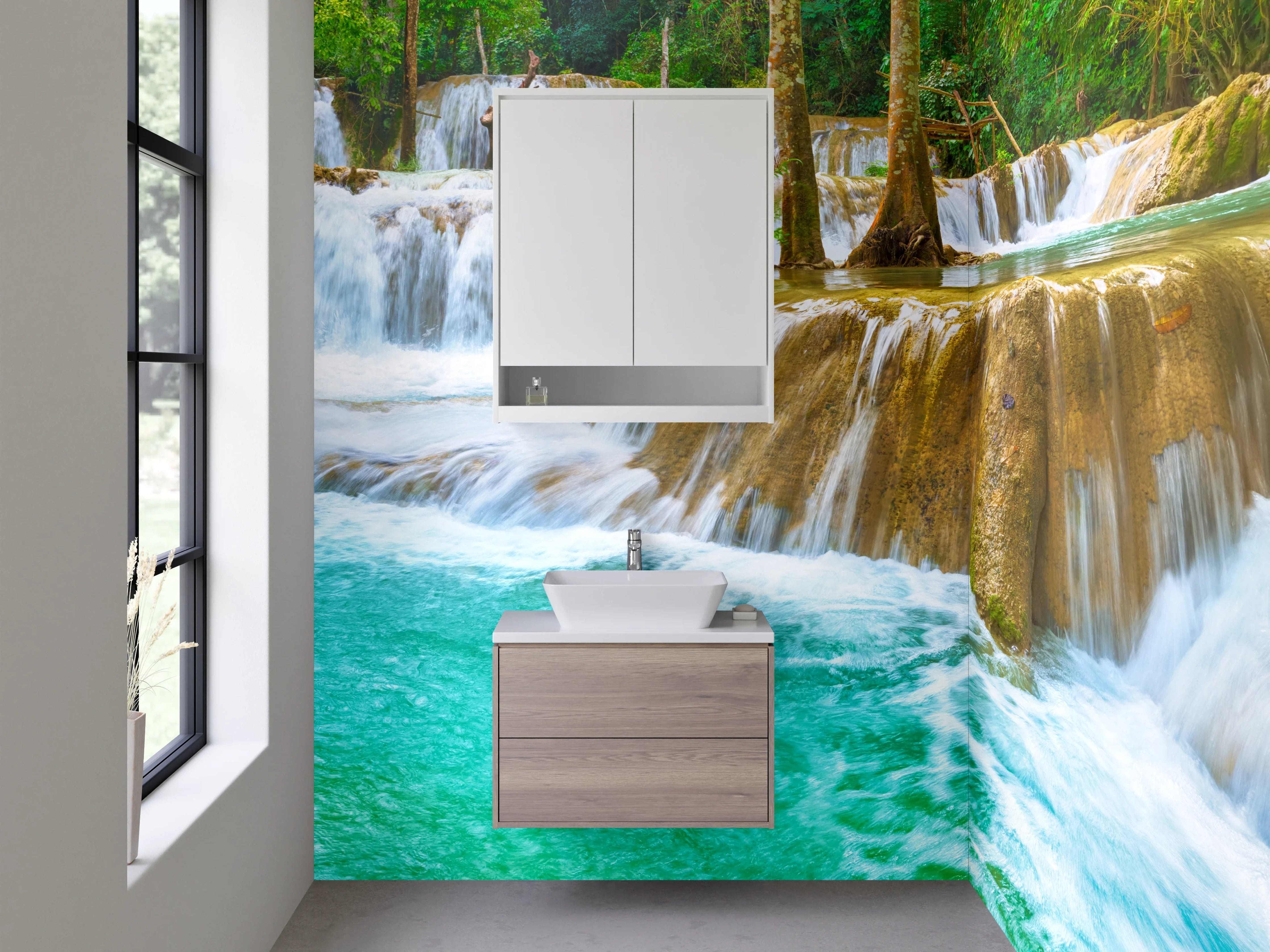 Waschbecken-Rückwand - Wasserfall Naturidylle Flussgrün