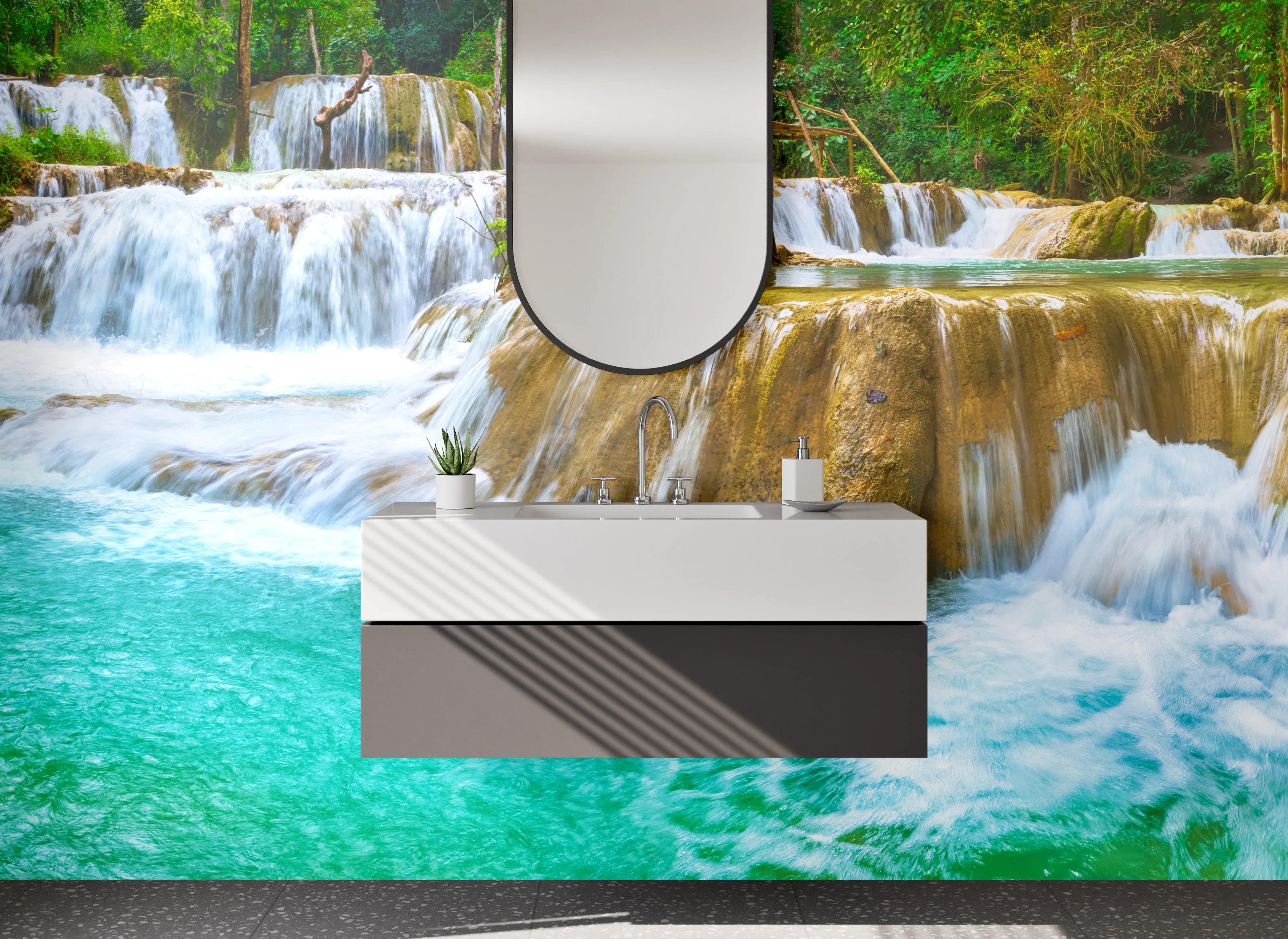 Waschbecken-Rückwand - Wasserfall Naturidylle Flussgrün