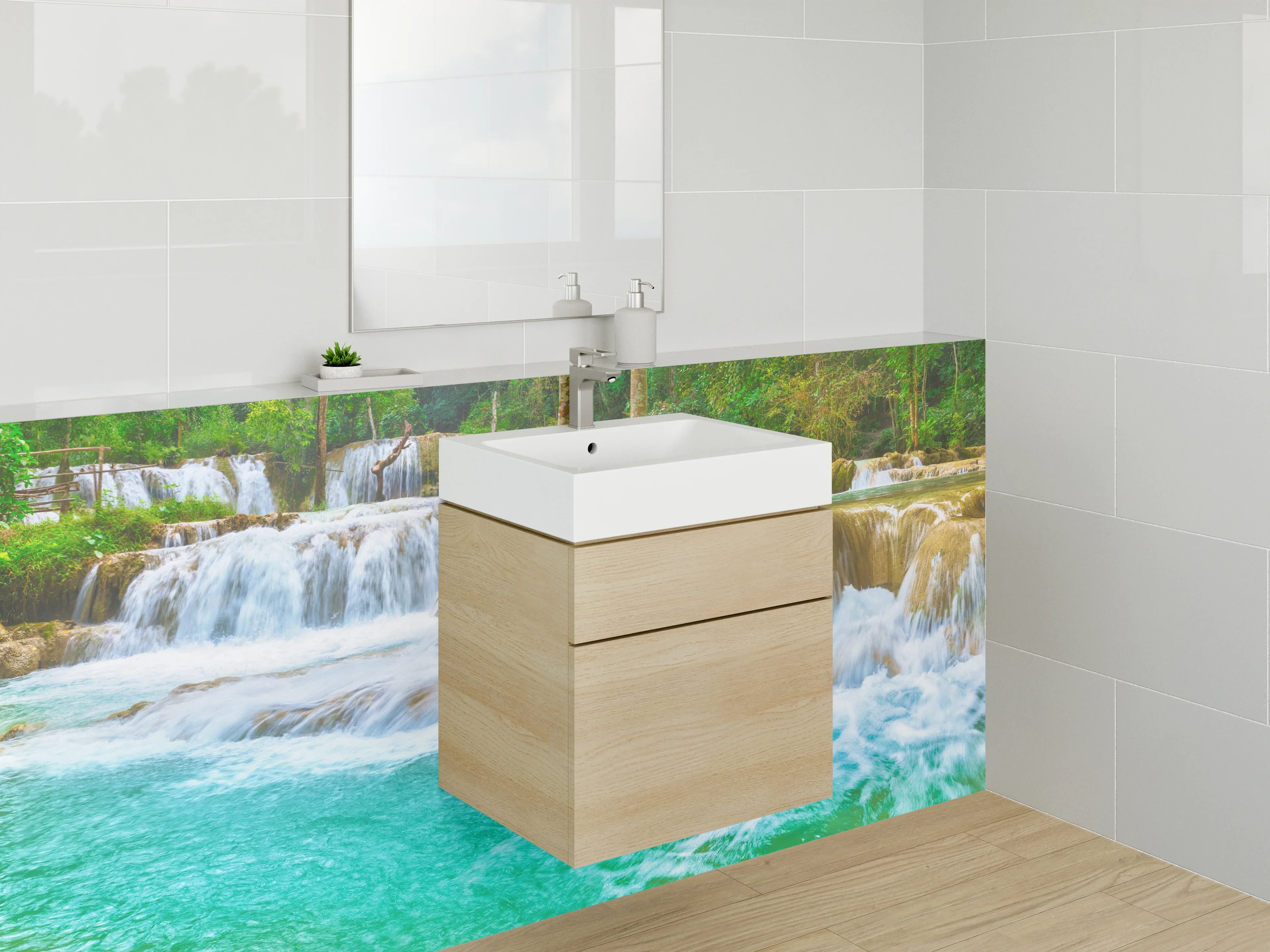 Waschbecken-Rückwand - Wasserfall Naturidylle Flussgrün