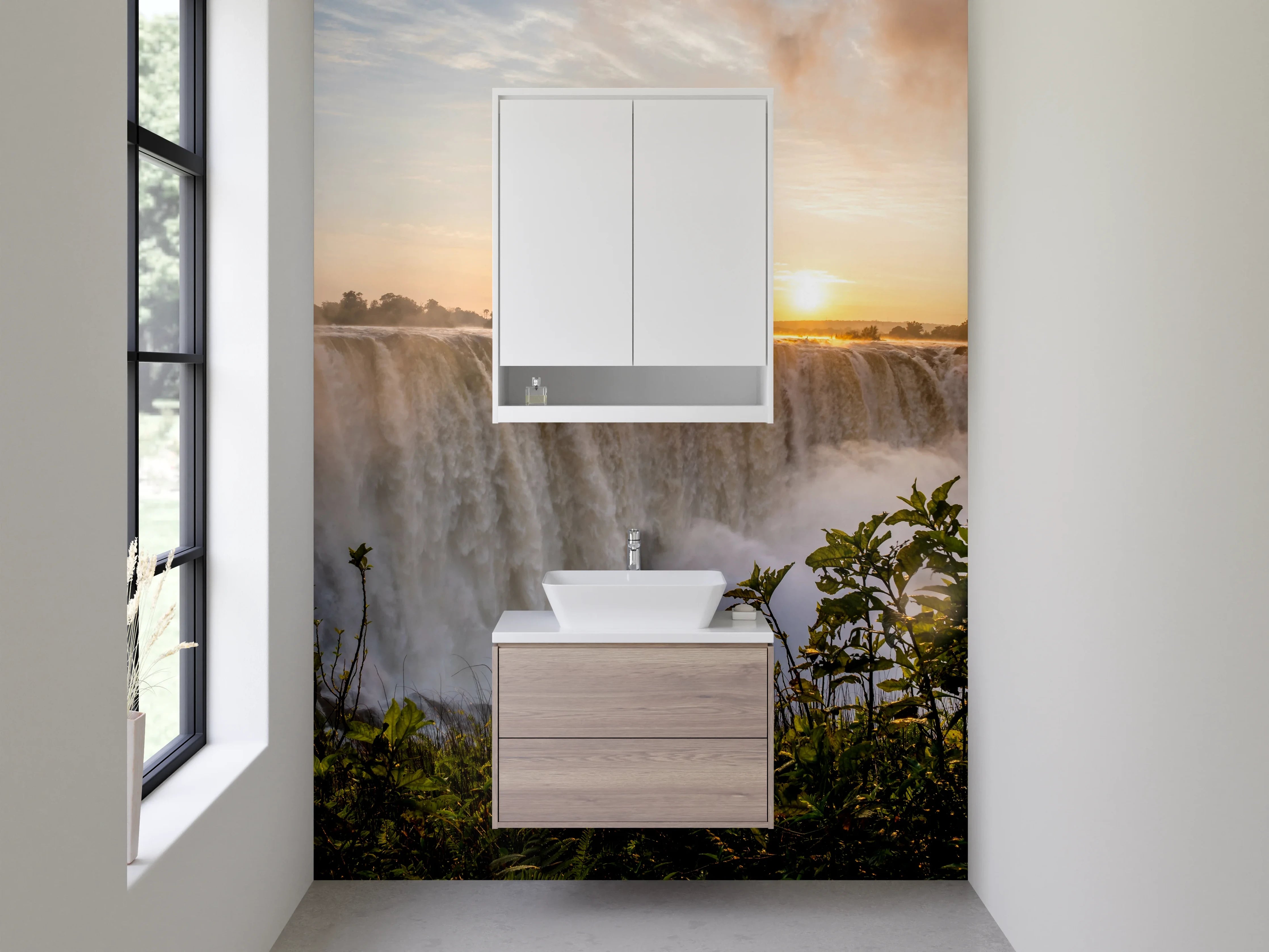 Waschbecken-Rückwand - Wasserfall Sonnenuntergang Natur-Panorama