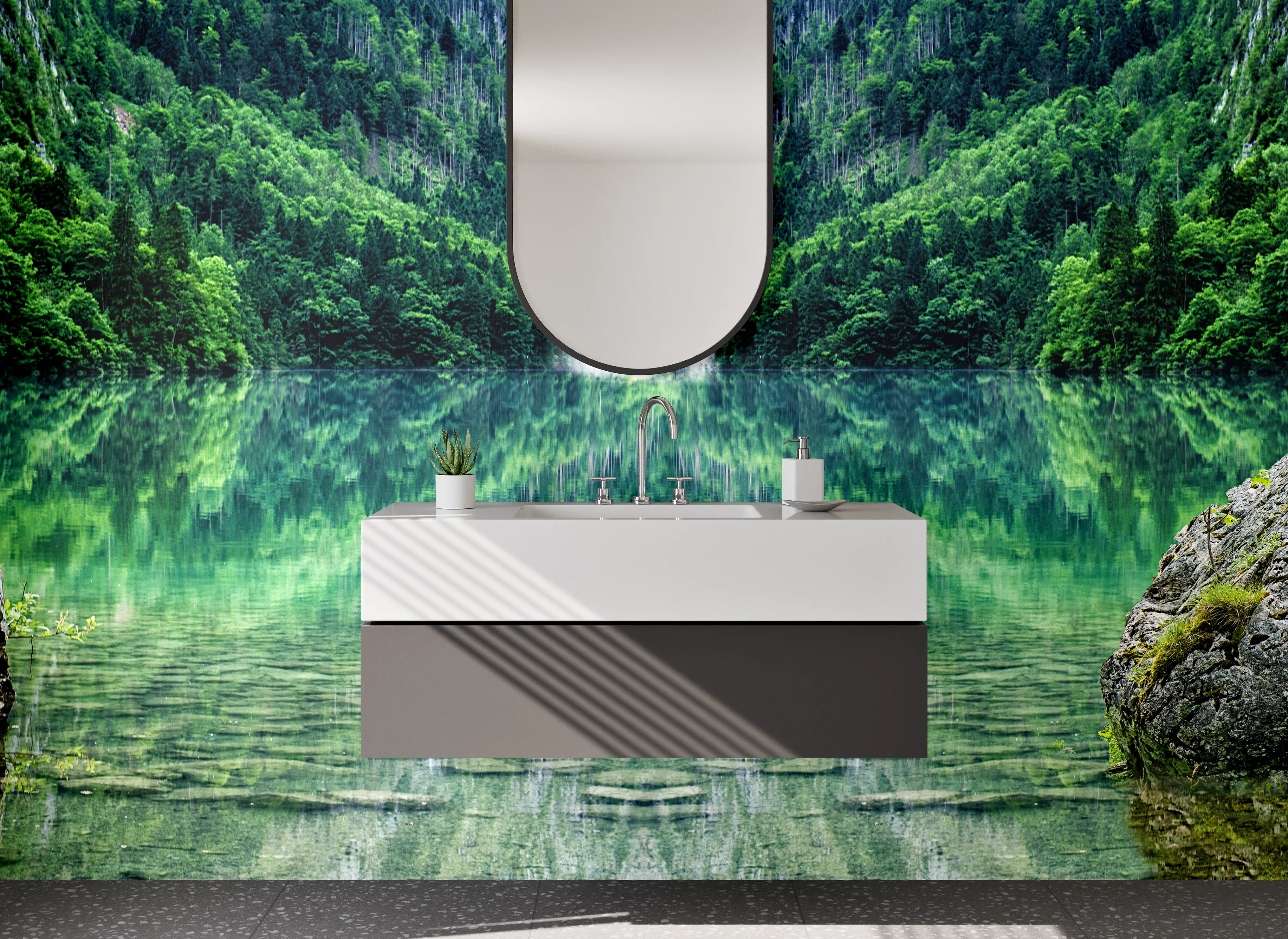 Waschbecken-Rückwand - Wasserfall am See – Naturidylle