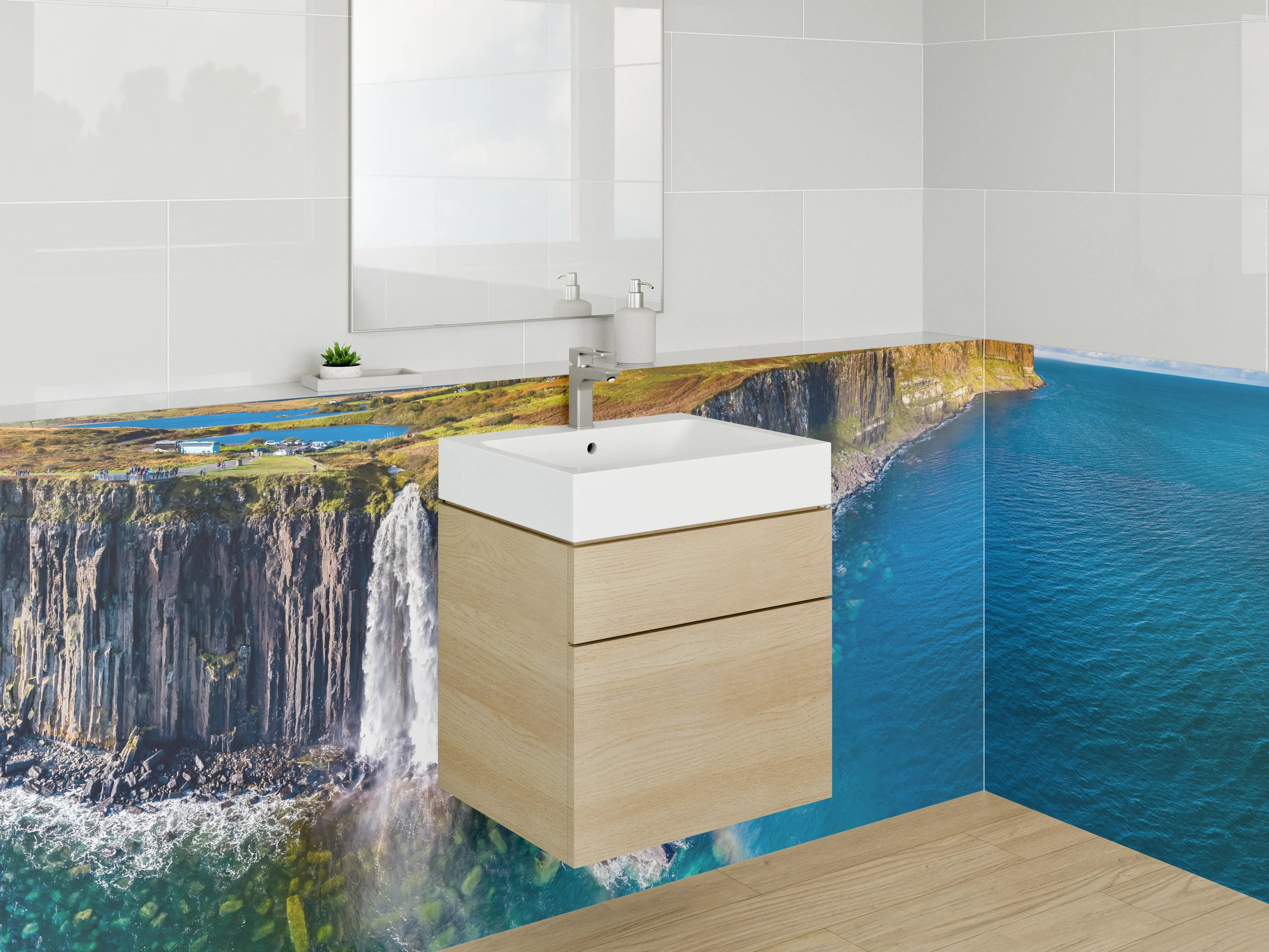 Waschbecken-Rückwand - Wasserfall am Steilhang Panorama