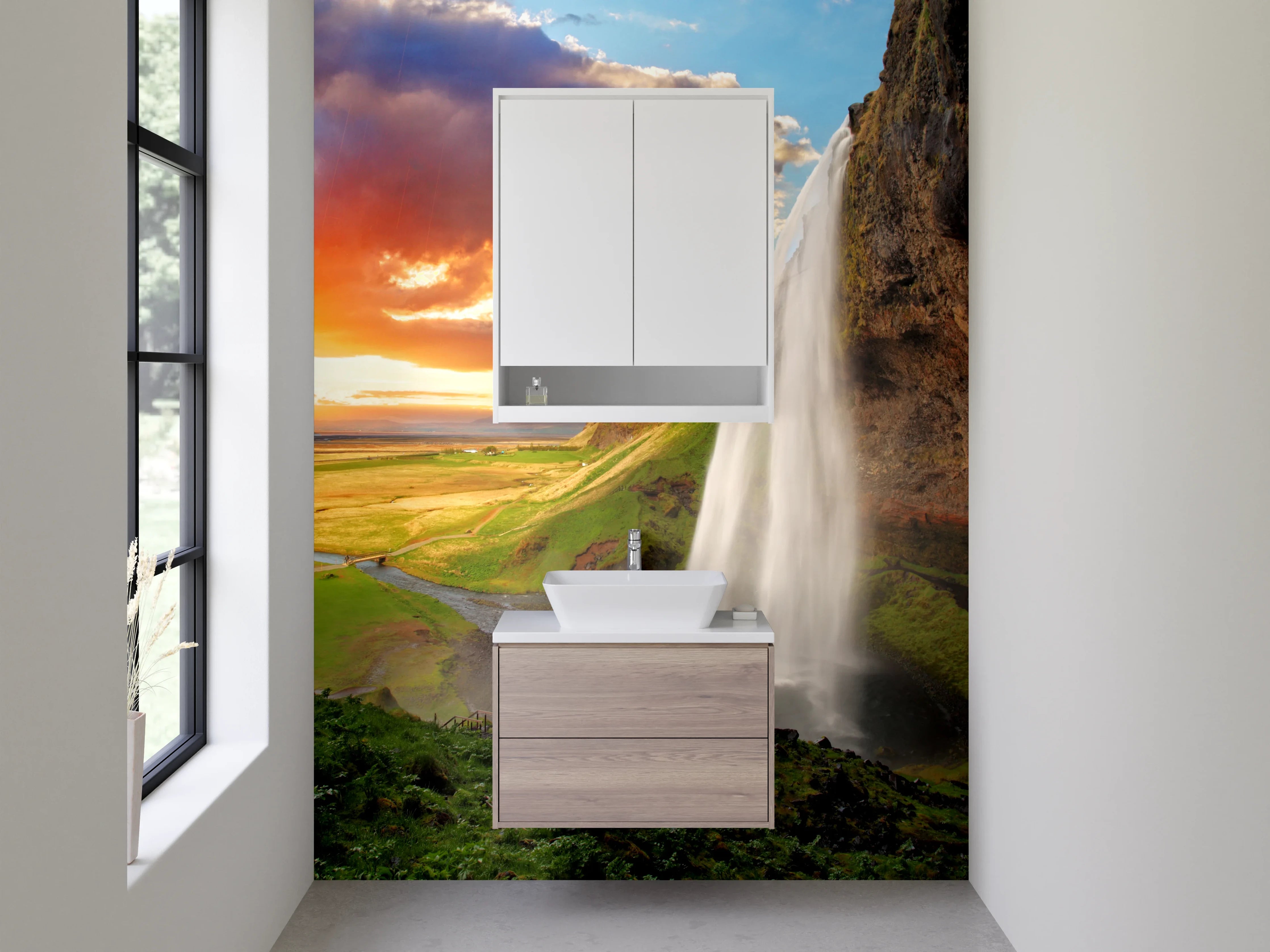 Waschbecken-Rückwand - Wasserfall bei Sonnenuntergang – Naturfotografie