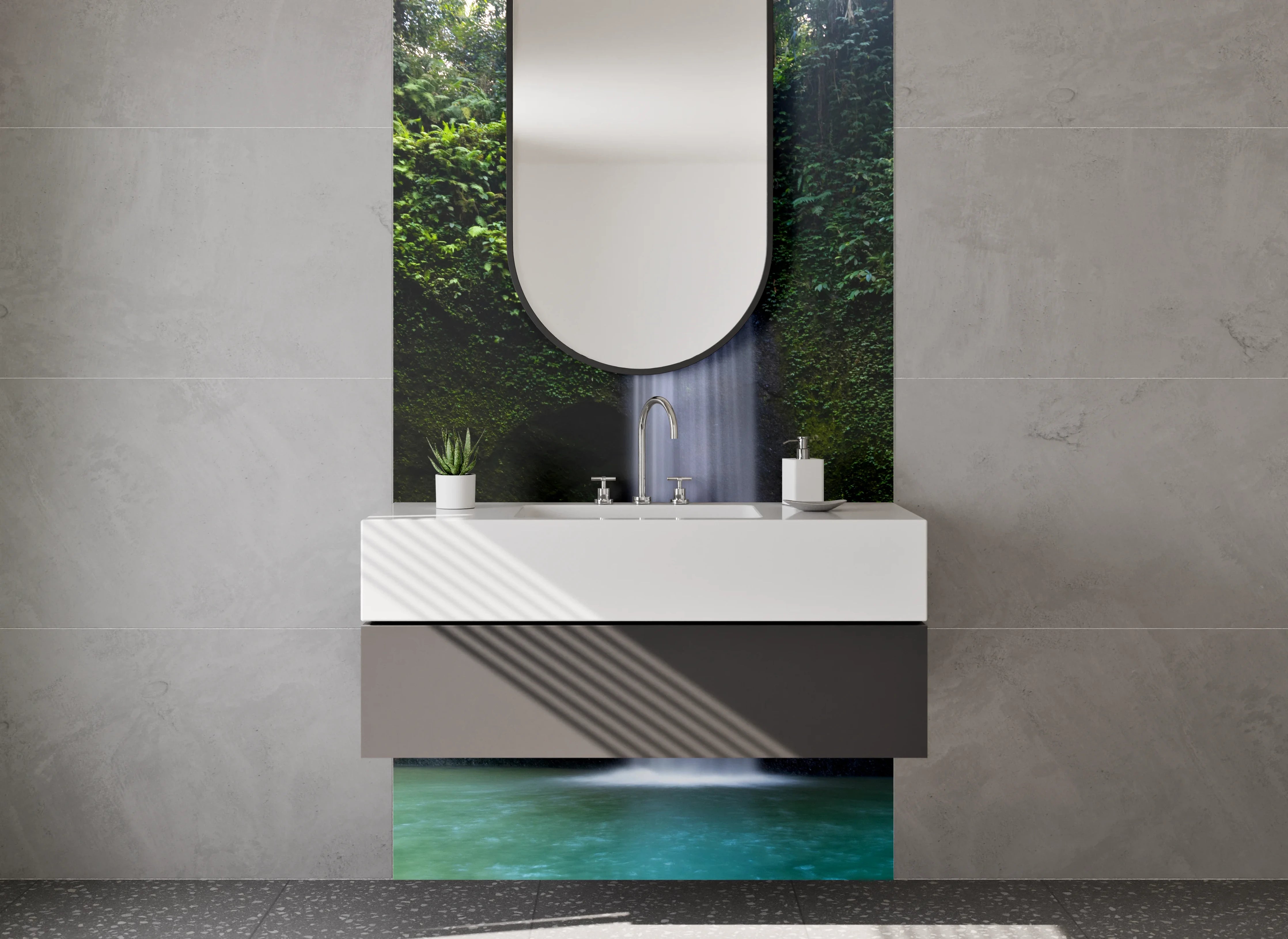 Waschbecken-Rückwand - Wasserfall im Dschungel – Naturmotiv