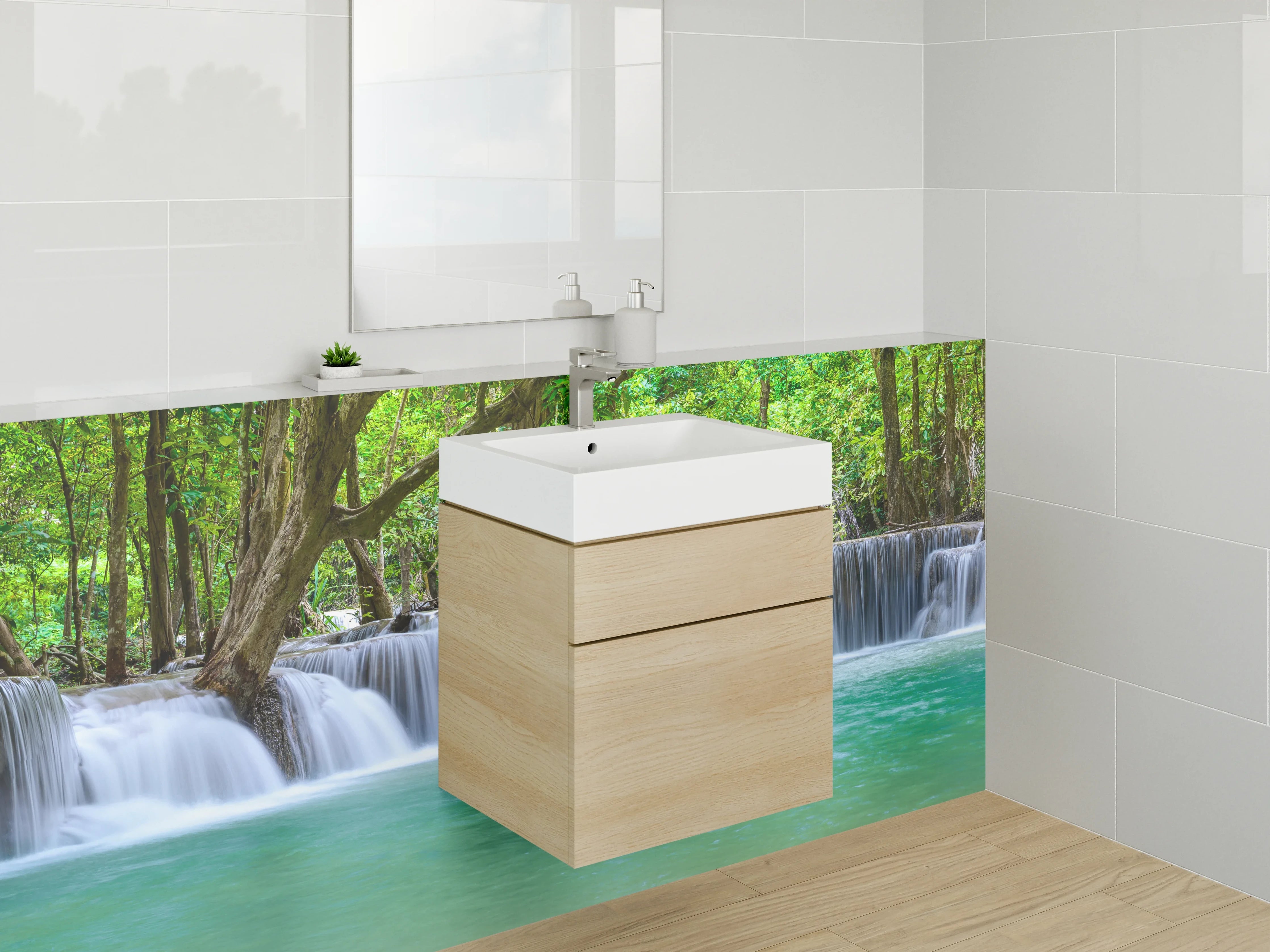 Waschbecken-Rückwand - Wasserfall im tropischen Wald Panorama