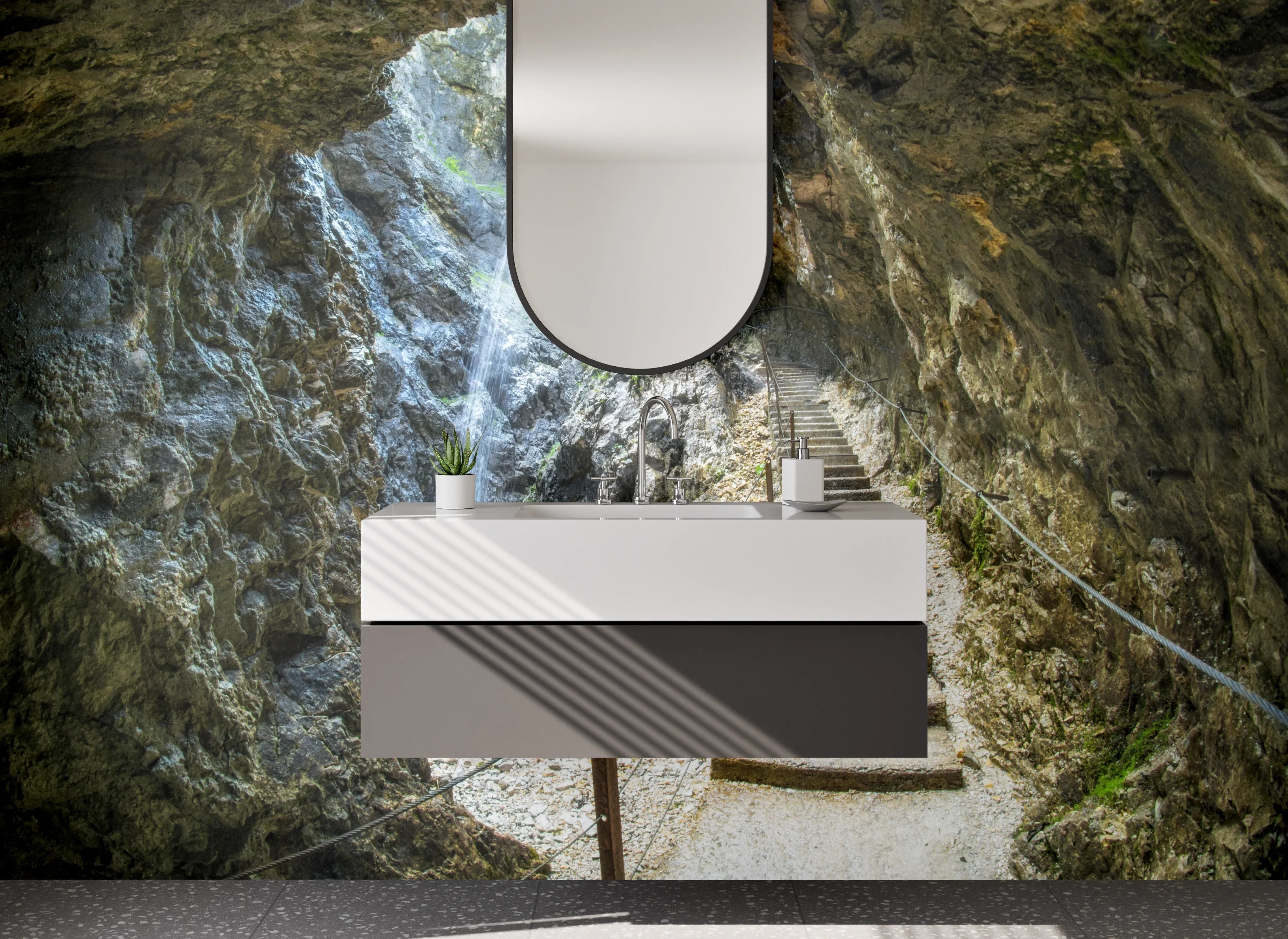 Waschbecken-Rückwand - Wasserfall in Felsenschlucht Naturmotiv