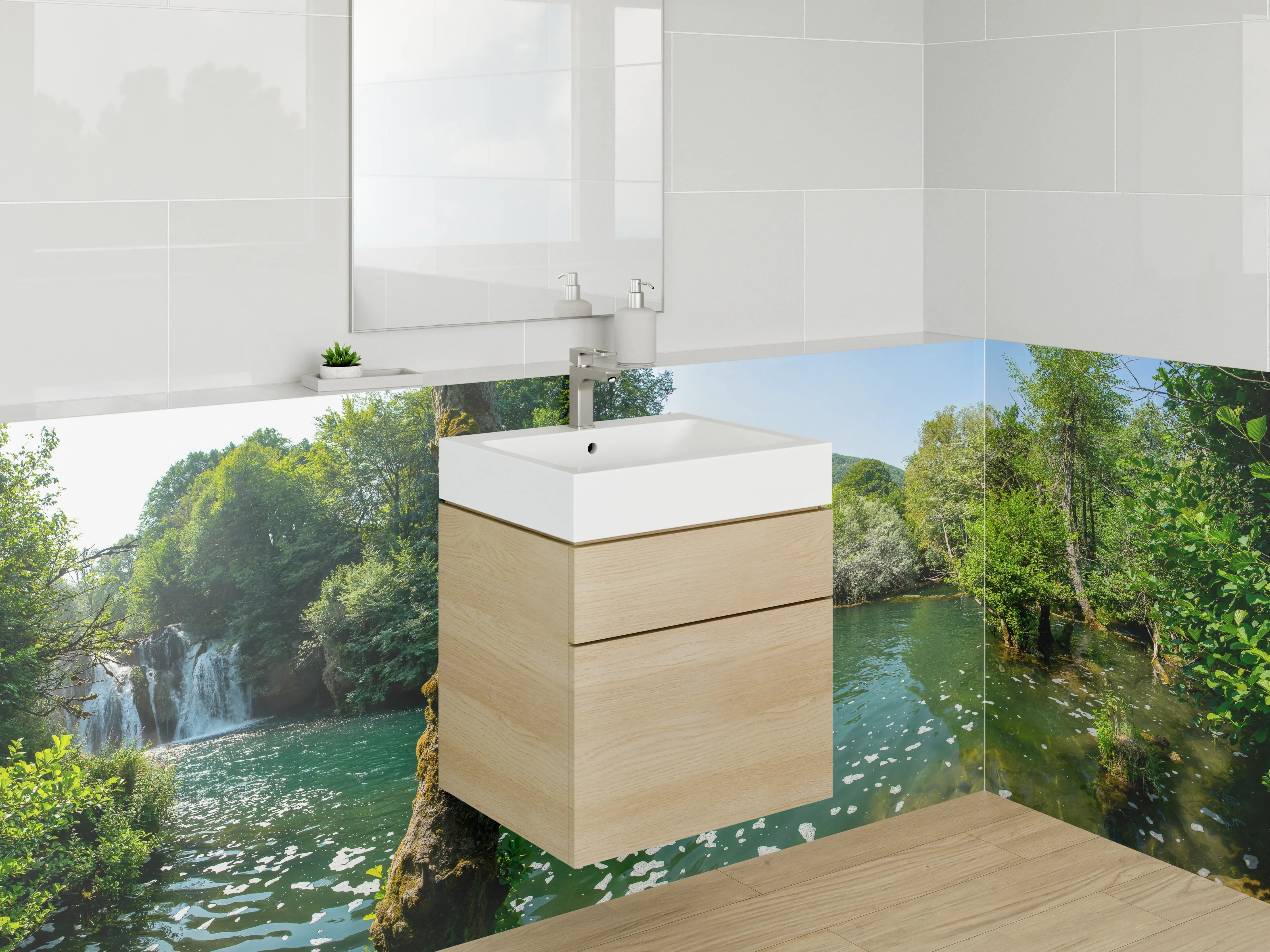 Waschbecken-Rückwand - Wasserfall und See im Grünen