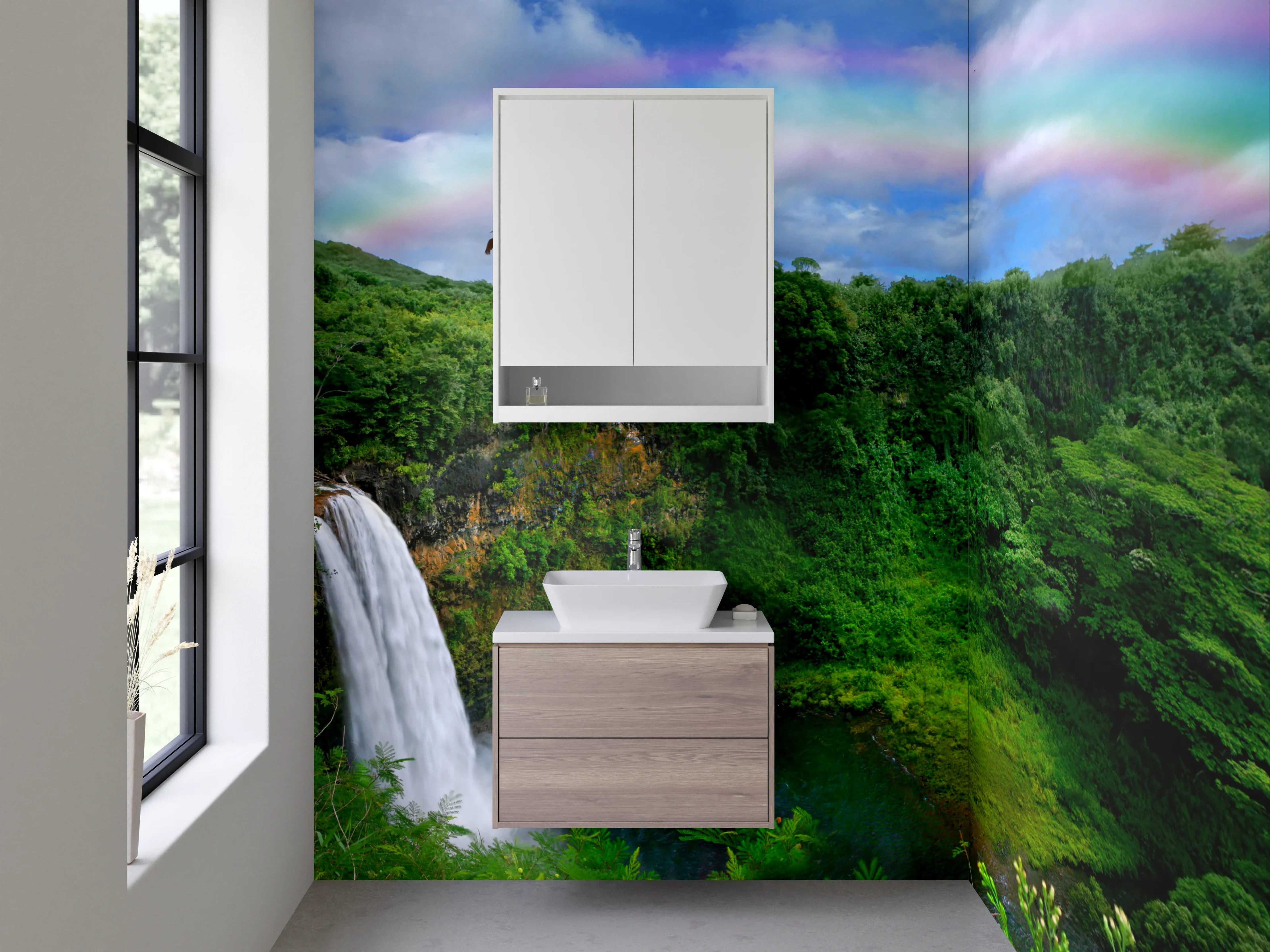 Waschbecken-Rückwand - Wasserfallparadies mit Regenbogen