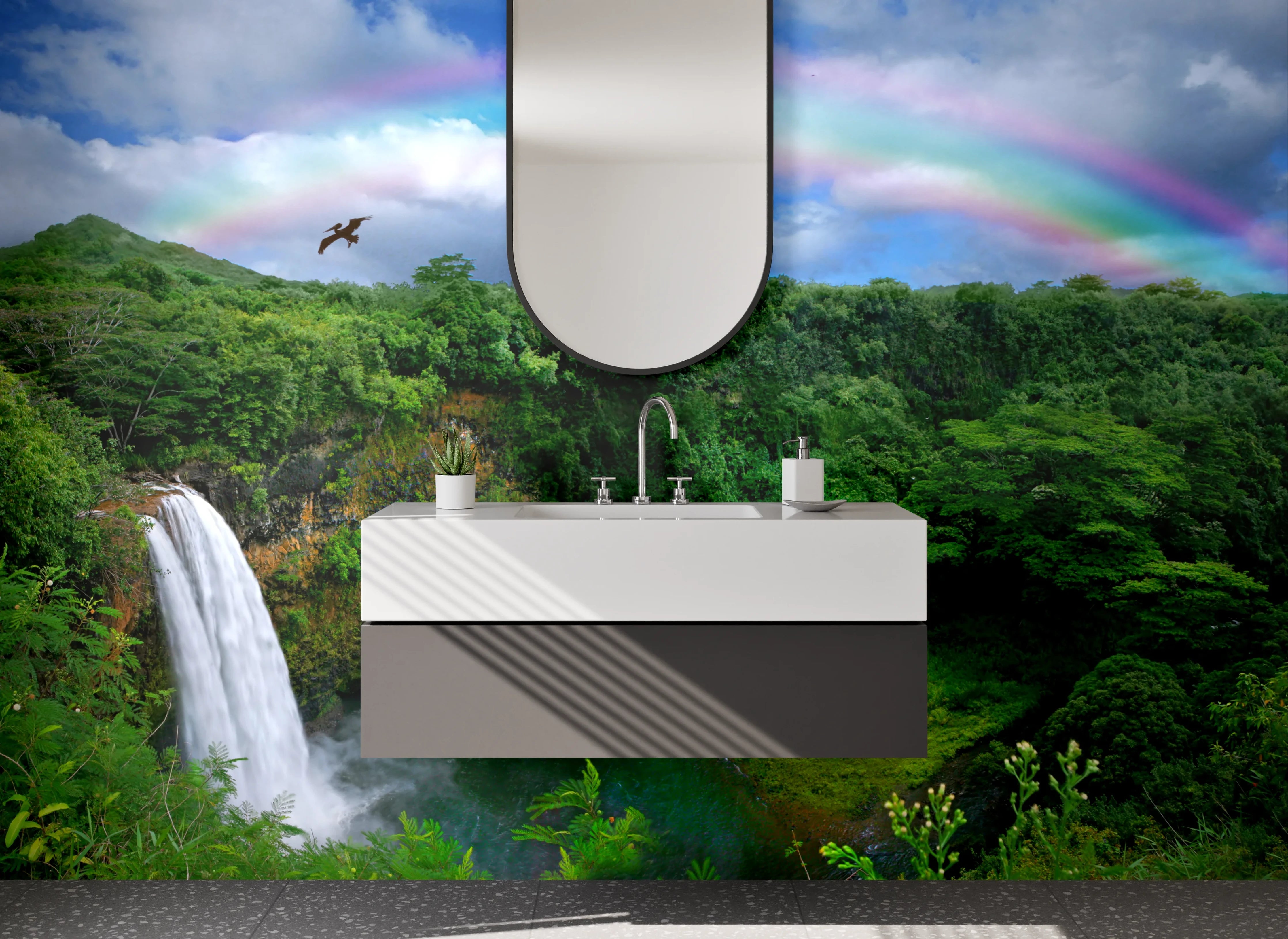 Waschbecken-Rückwand - Wasserfallparadies mit Regenbogen