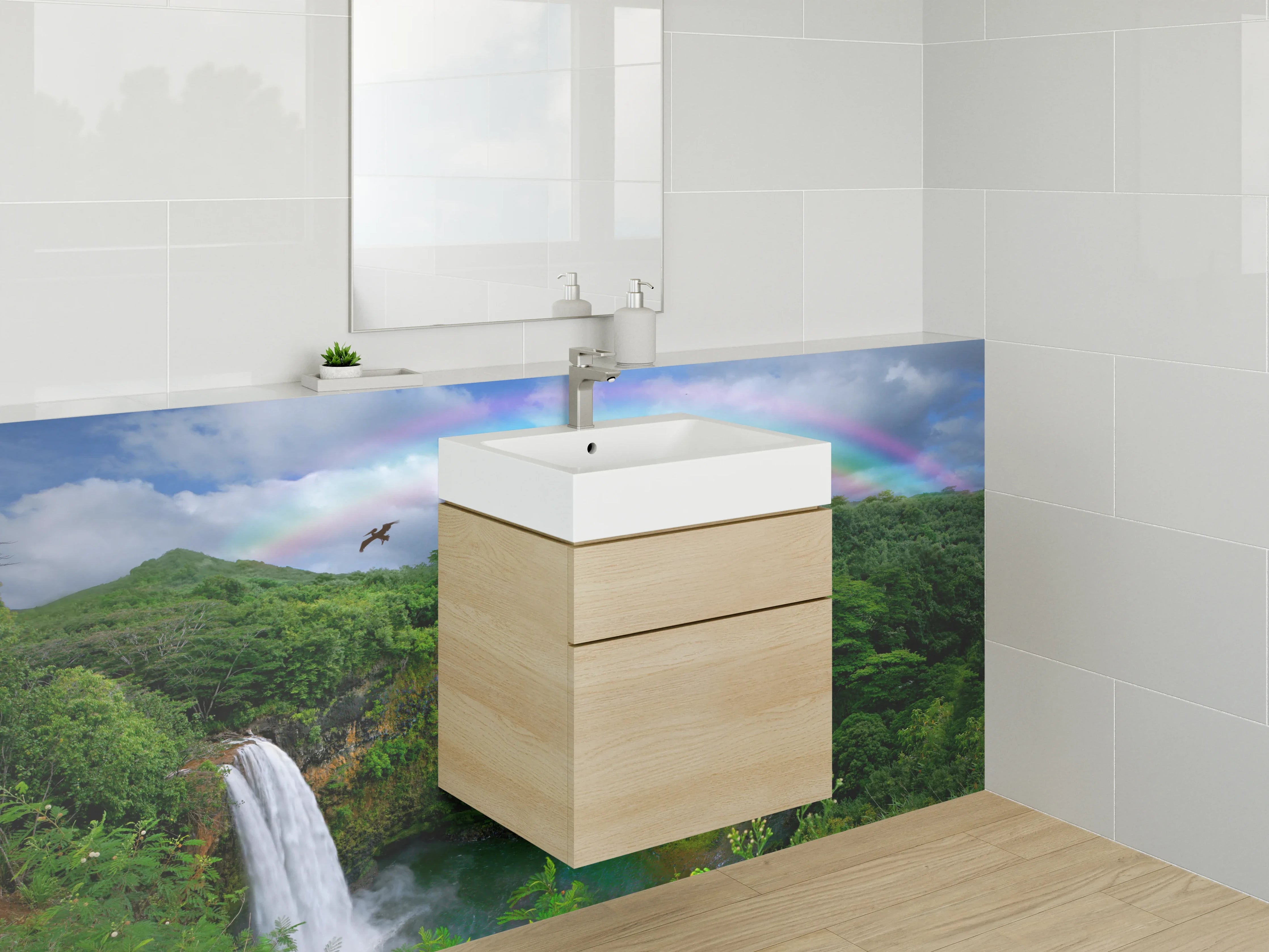 Waschbecken-Rückwand - Wasserfallparadies mit Regenbogen