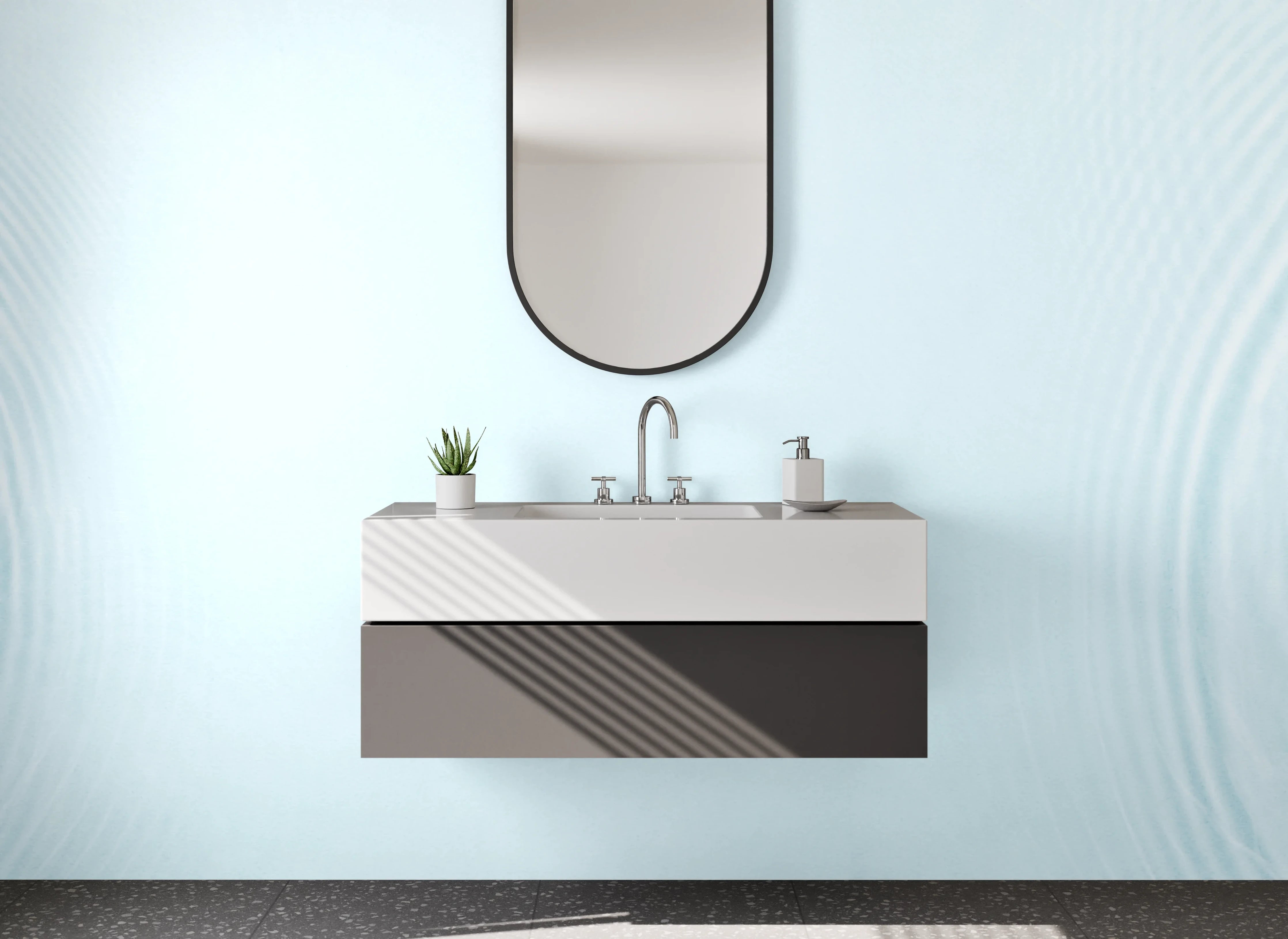 Waschbecken-Rückwand - Wasserwellen Weiß Blau Minimalistisch