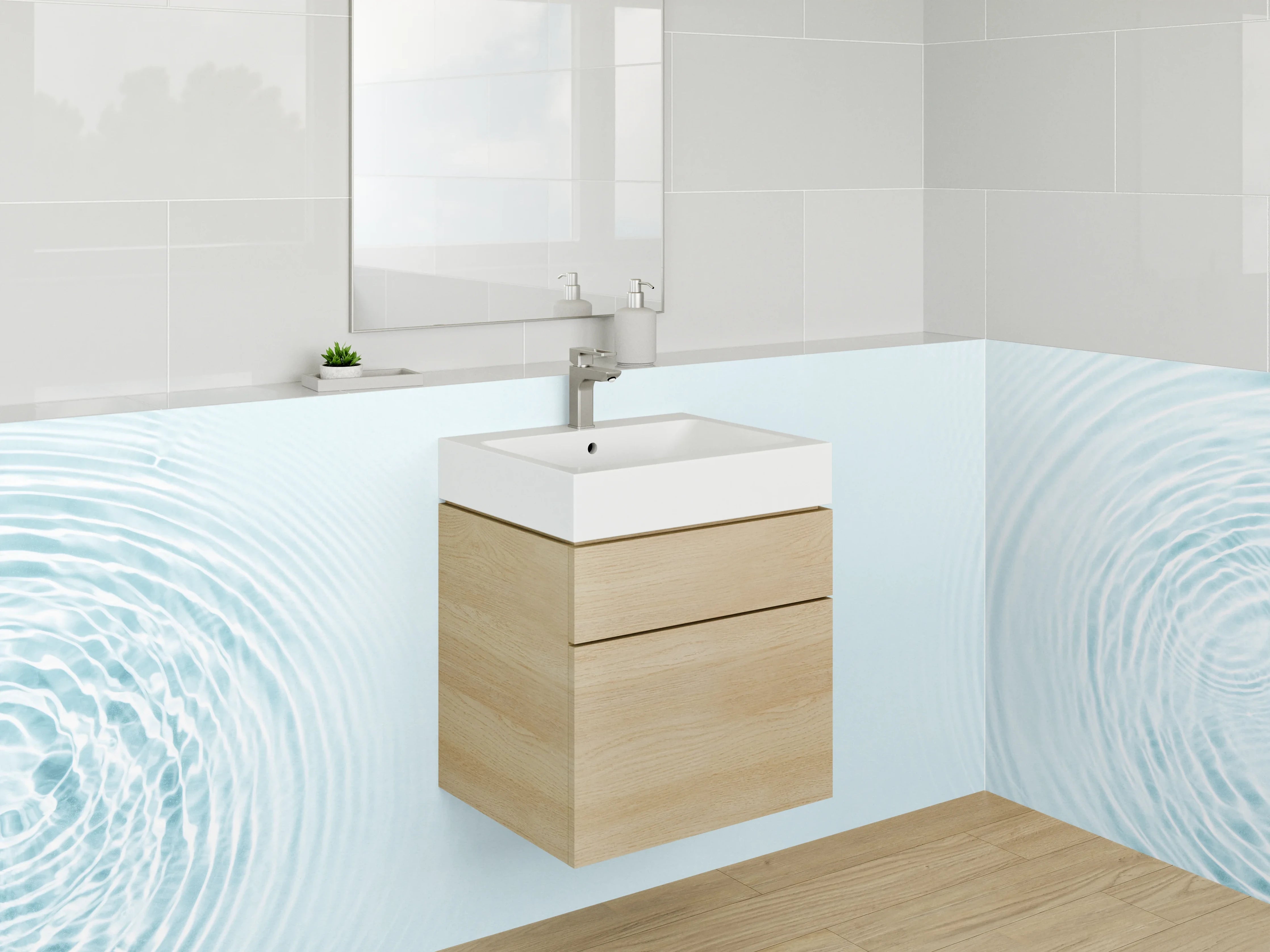 Waschbecken-Rückwand - Wasserwellen Weiß Blau Minimalistisch