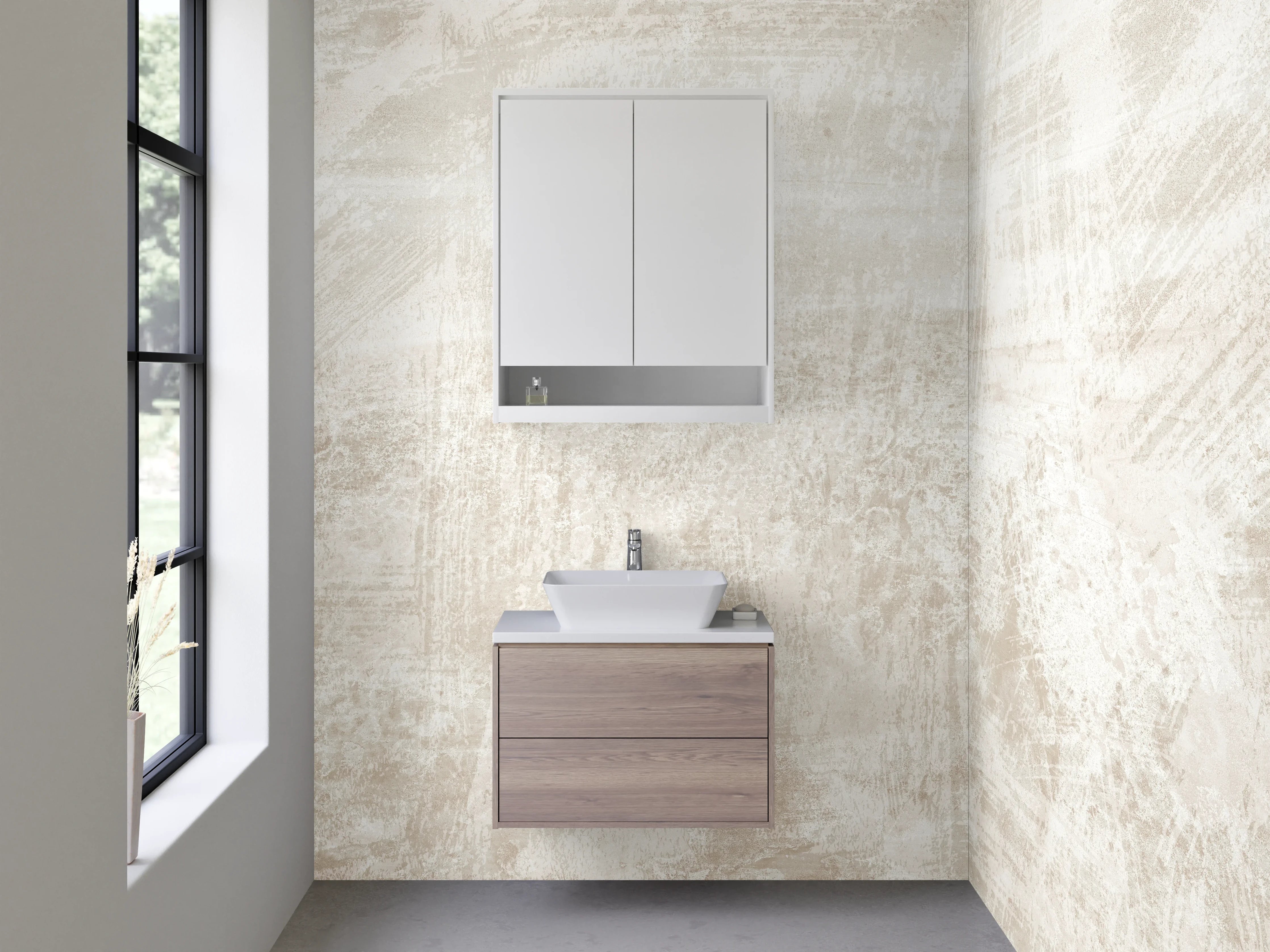 Waschbecken-Rückwand - Weiß-Beige Marmor Struktur