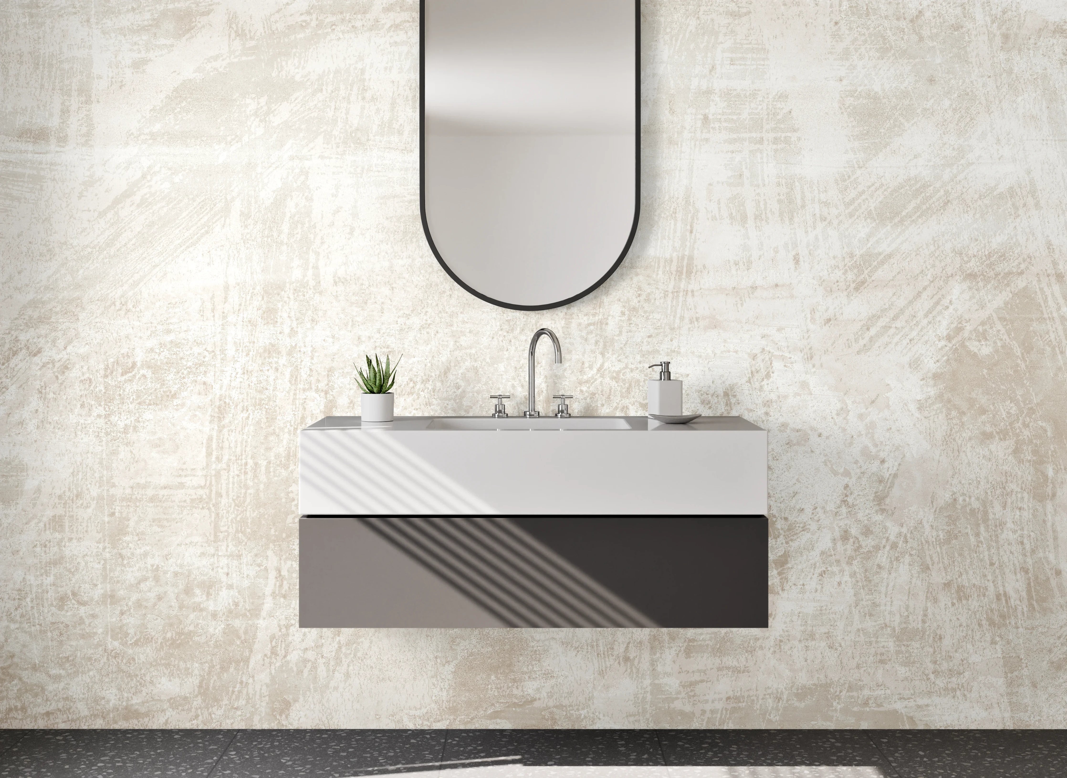 Waschbecken-Rückwand - Weiß-Beige Marmor Struktur