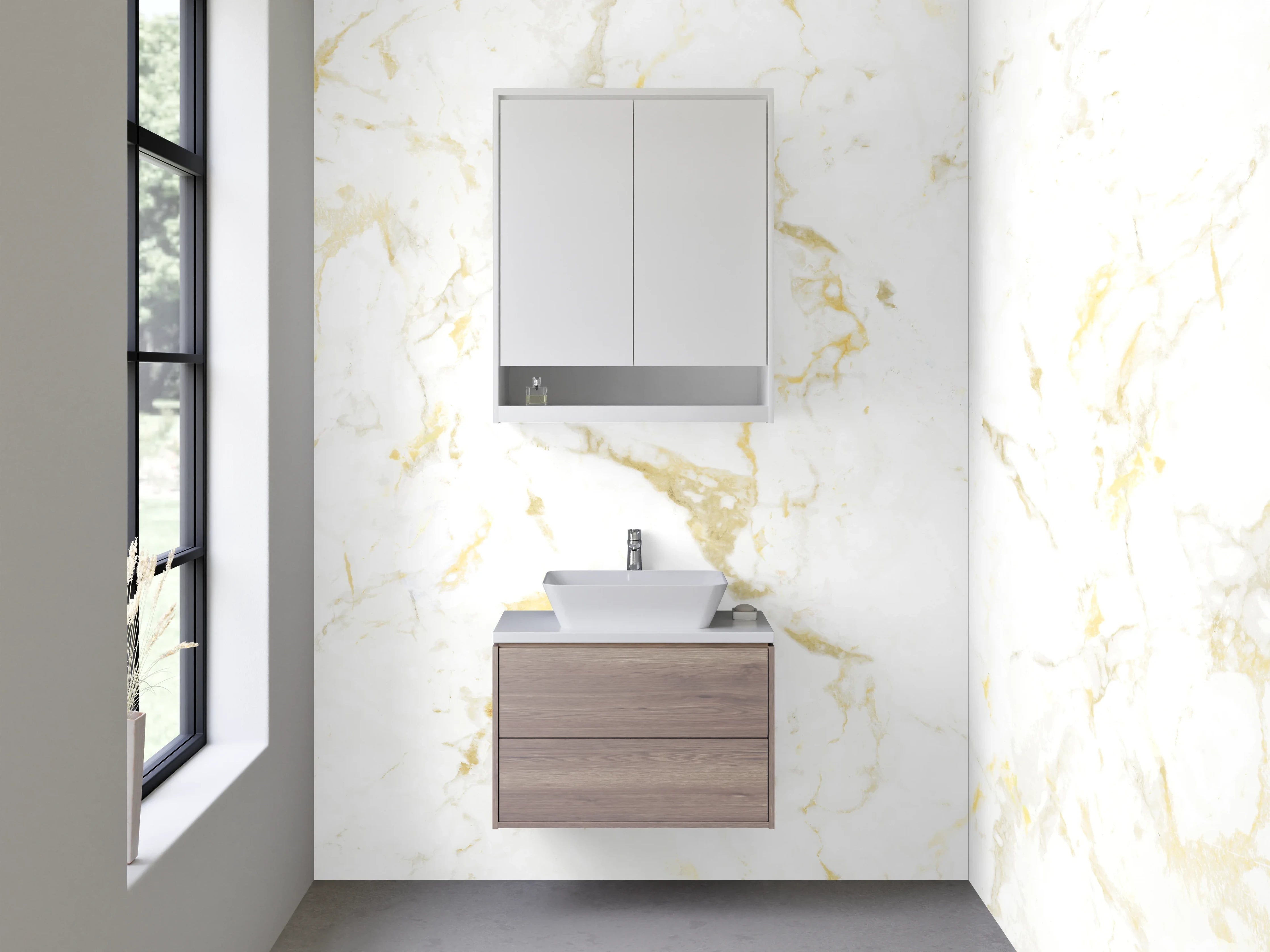 Waschbecken-Rückwand - Weiß-Goldene Marmor-Optik Oberfläche