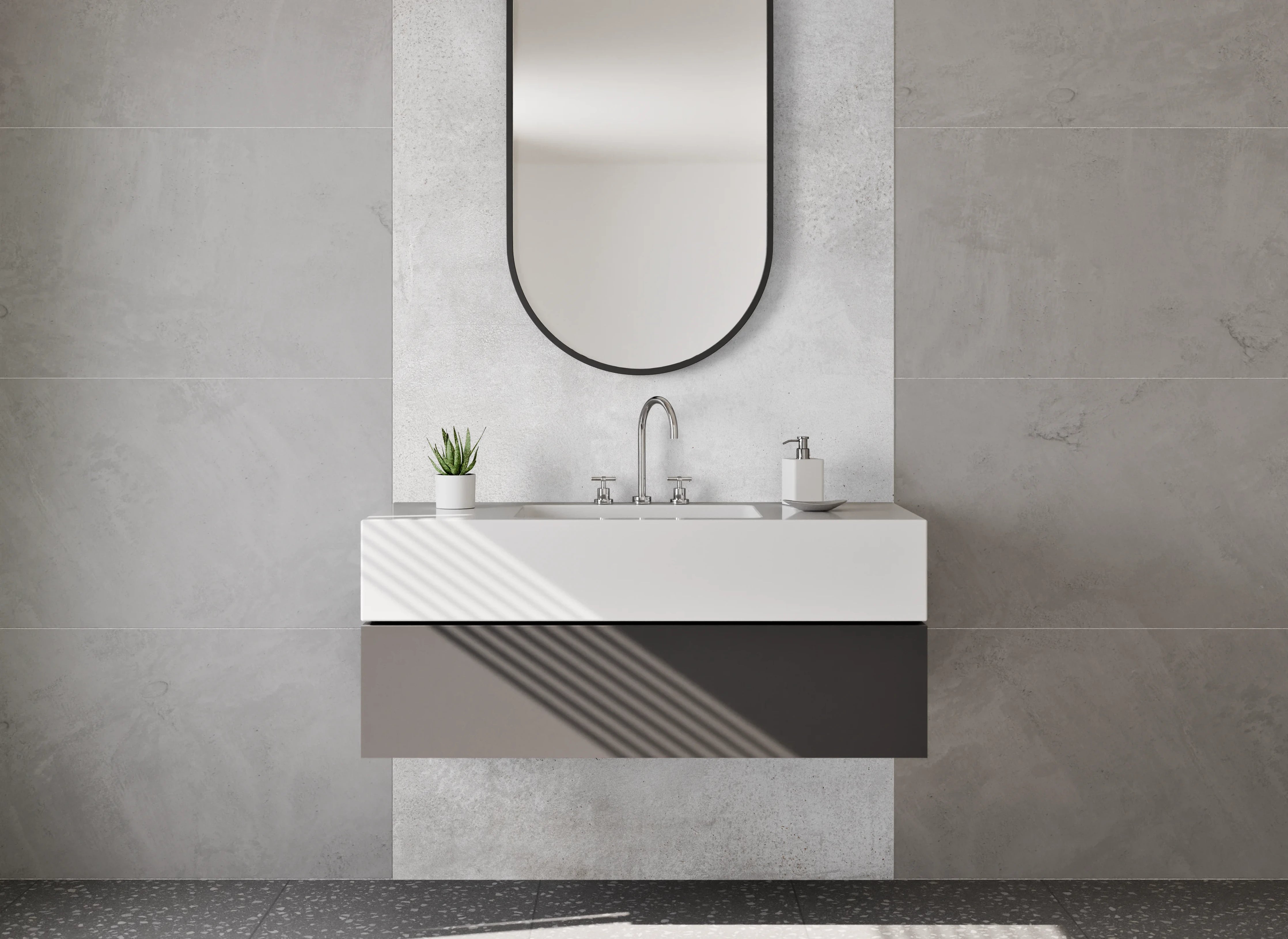 Waschbecken-Rückwand - Weiß-Graue Betonästhetik mit Nuancen