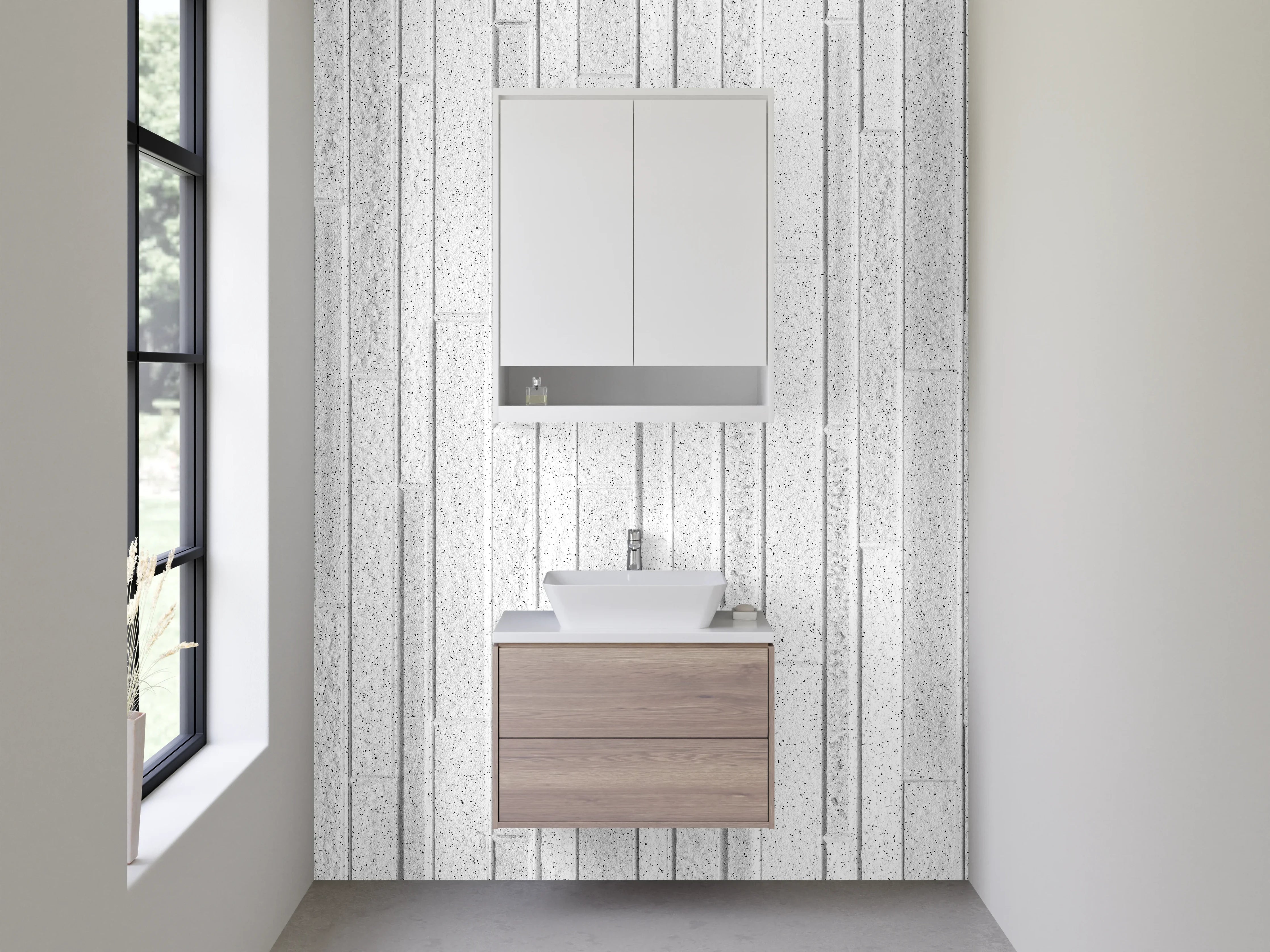 Waschbecken-Rückwand - Weiß-Graue Holzoptik Wandpaneele