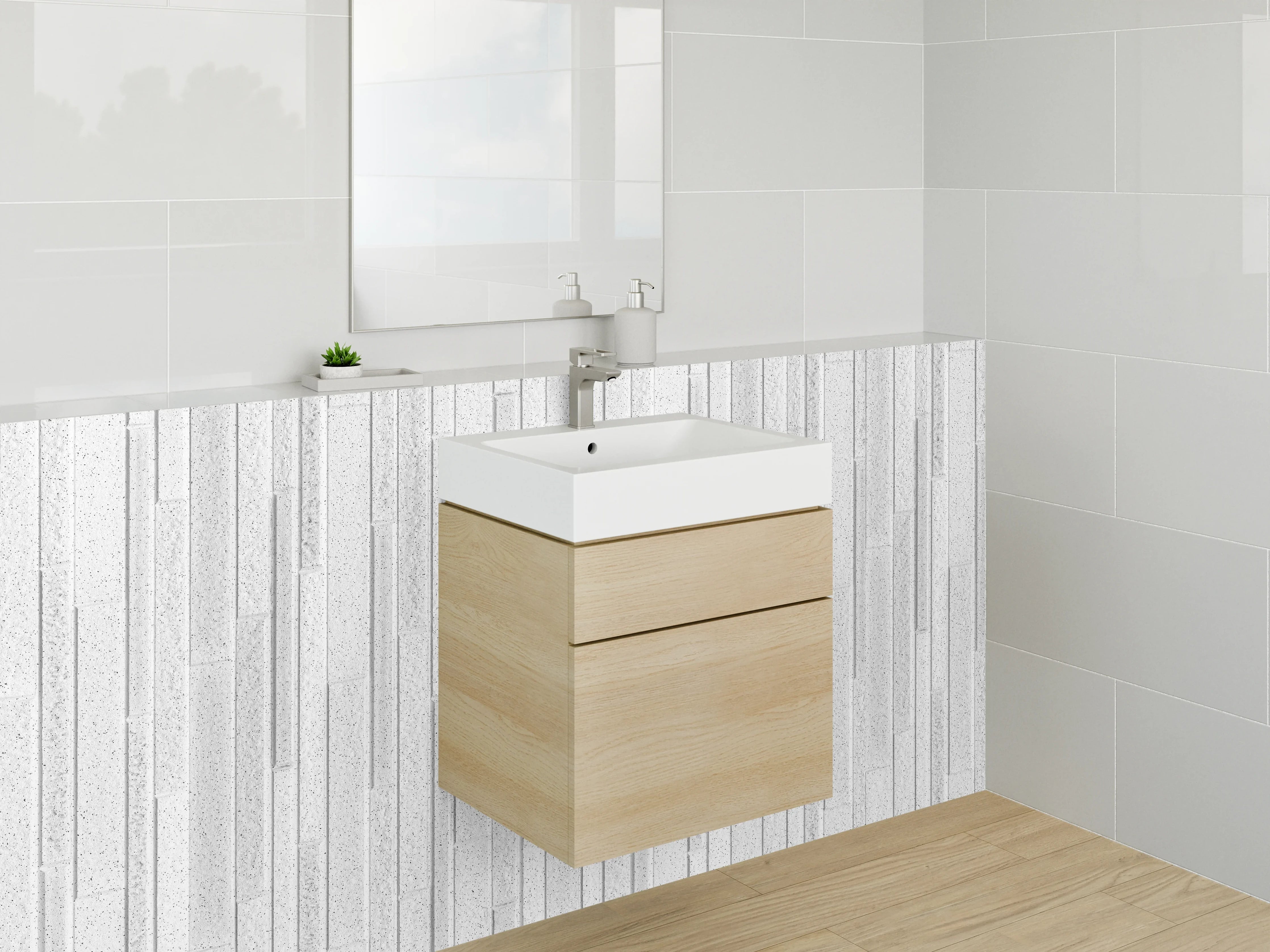 Waschbecken-Rückwand - Weiß-Graue Holzoptik Wandpaneele