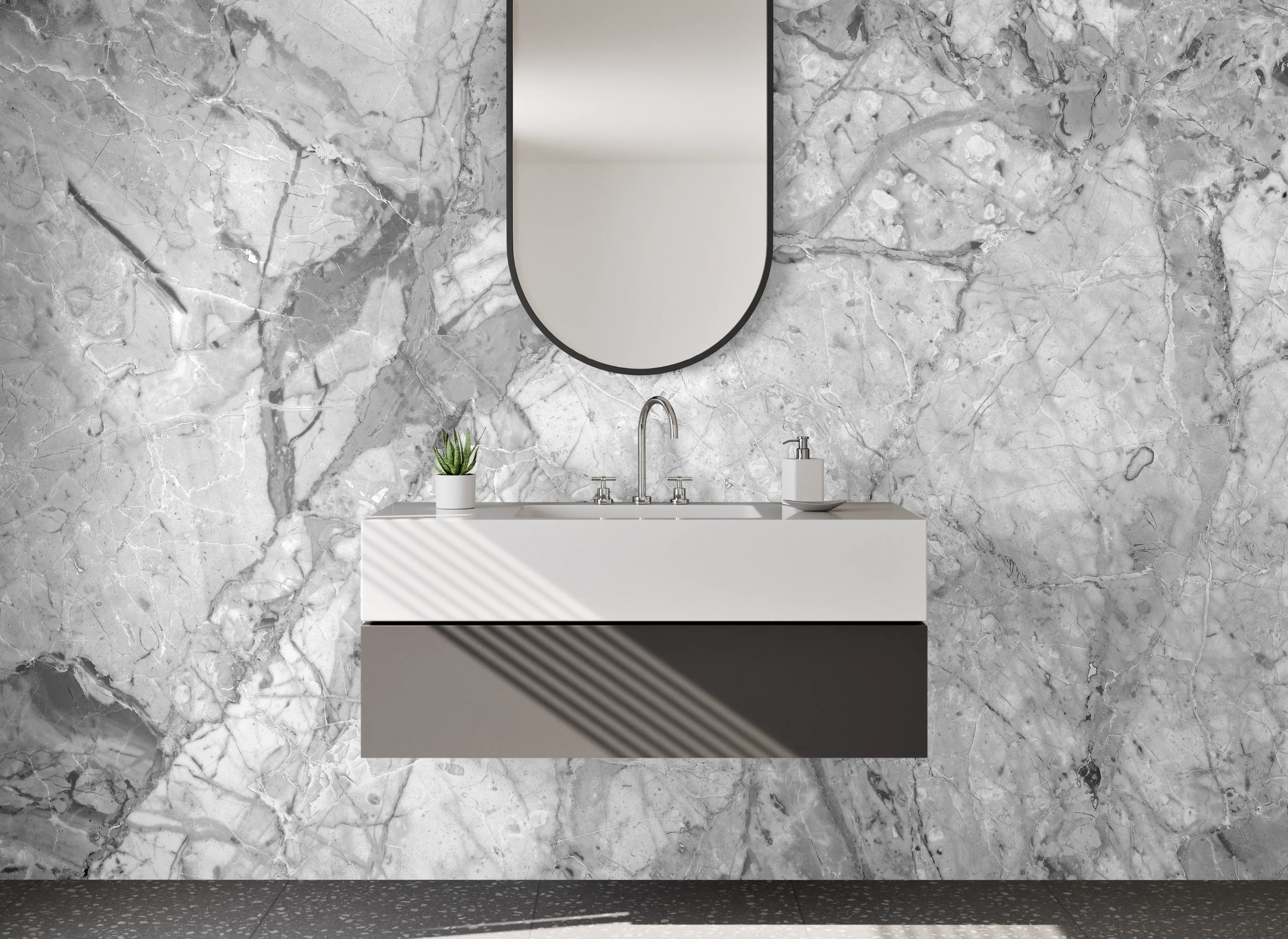 Waschbecken-Rückwand - Weiß-Graue Marmoroptik für Bad & Küche