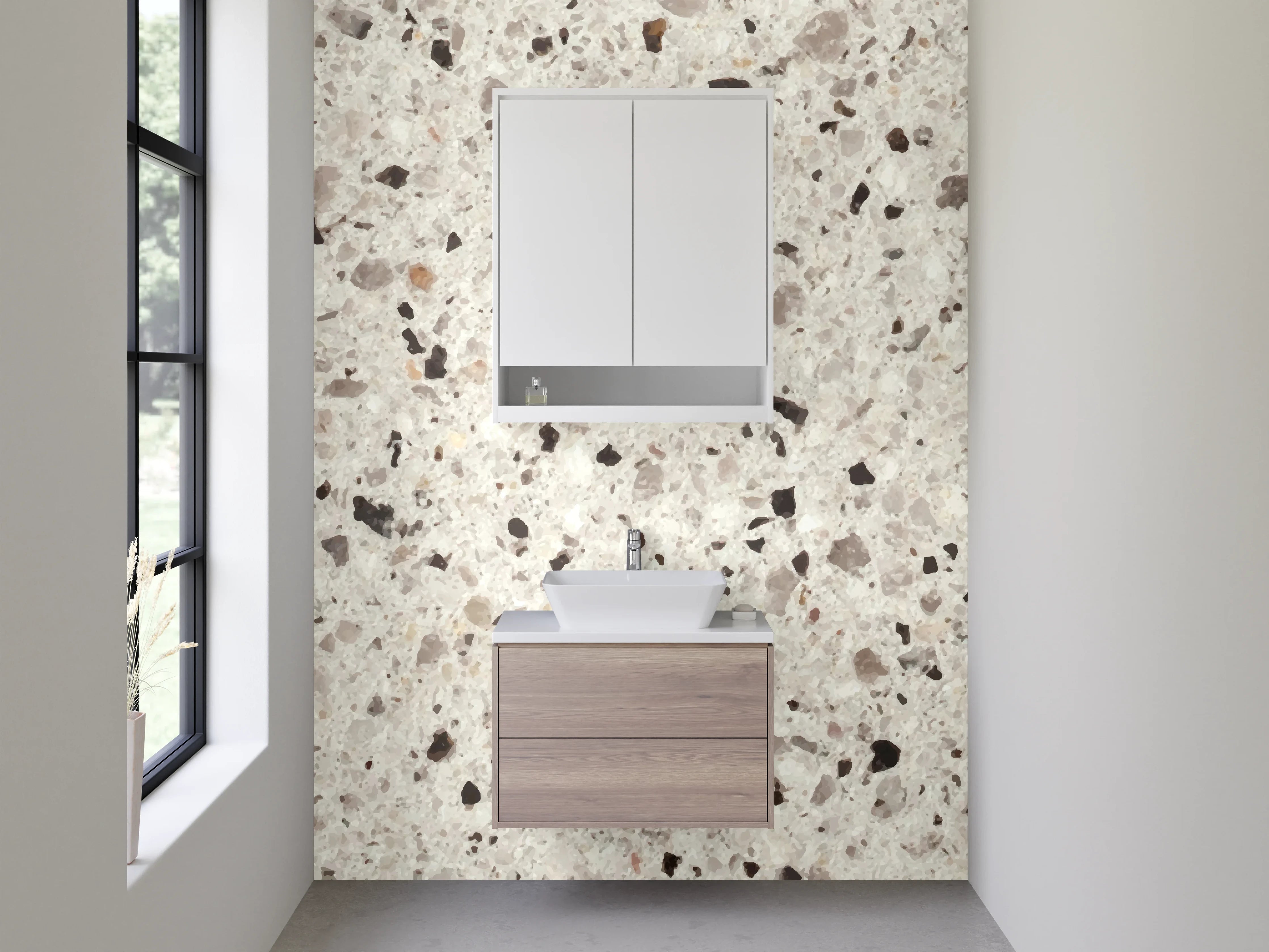 Waschbecken-Rückwand - Weiß-Graue Terrazzo-Optik Fliesen