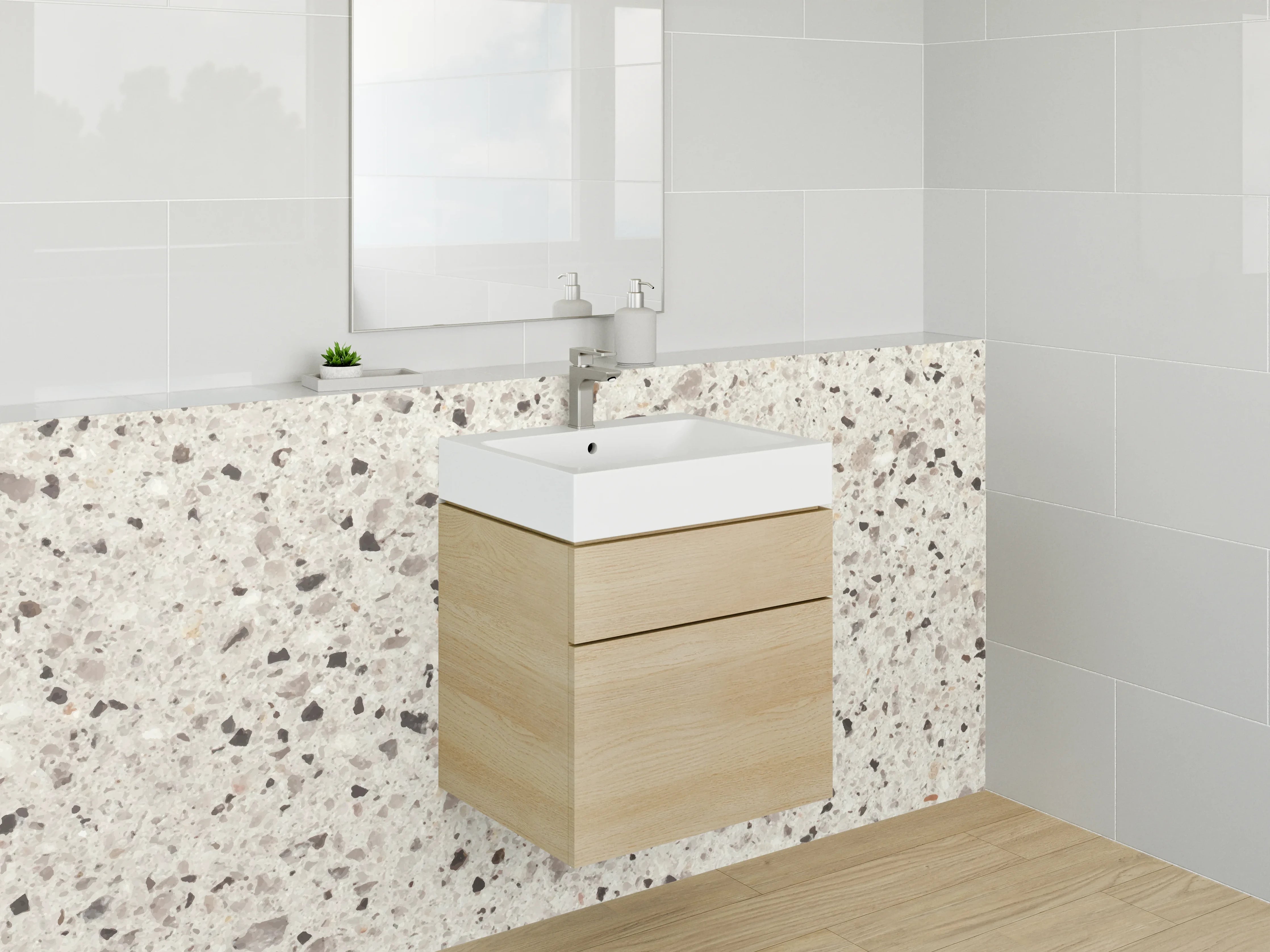Waschbecken-Rückwand - Weiß-Graue Terrazzo-Optik Fliesen